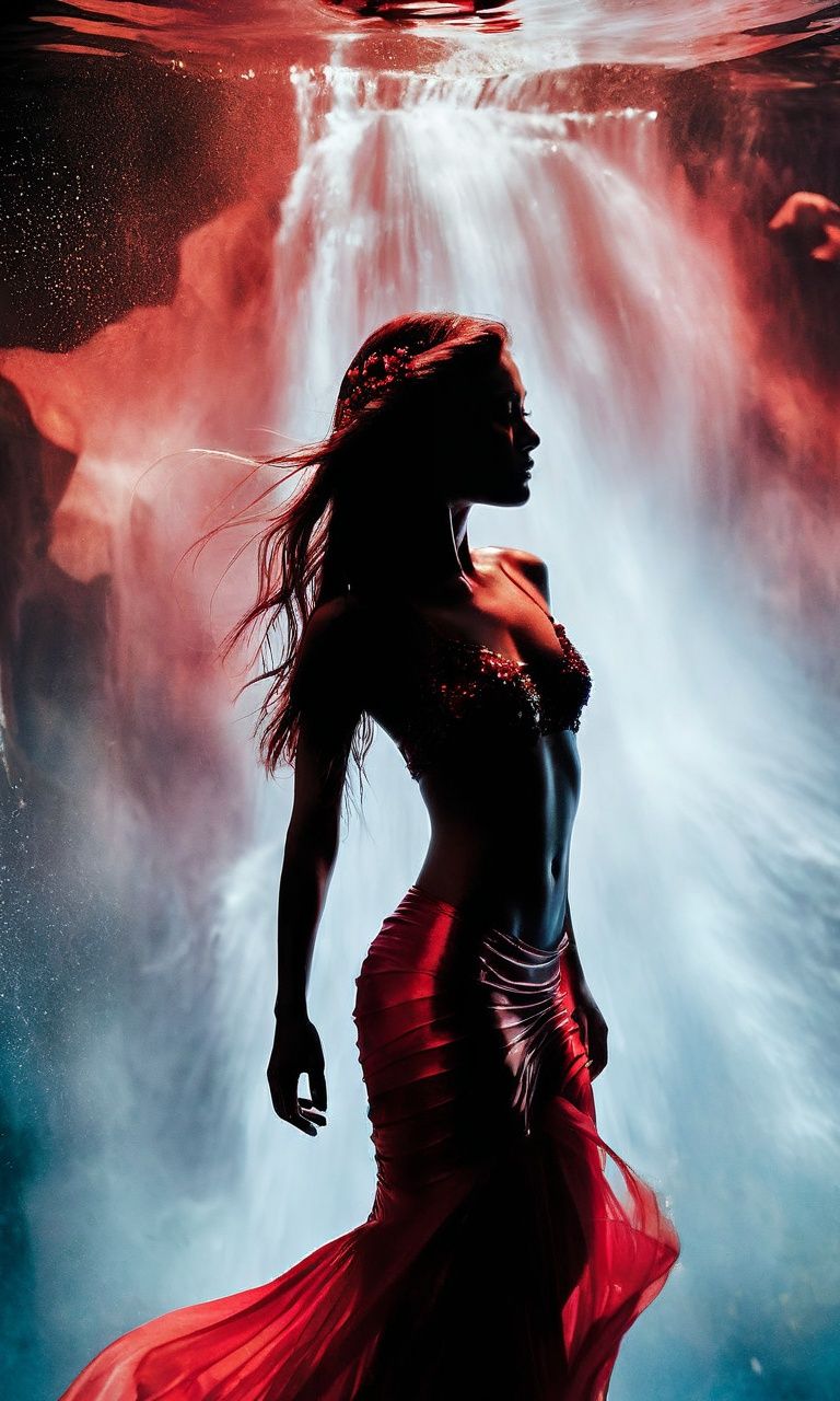 An imaginative photograph portraying a mermaid in a watercolor-like world, where the boundaries between reality and fantasy blur. The mermaid is bathed in a harmonious blend of black and red hues, creating a dreamlike ambiance. She gracefully glides through the fluid environment, her movement resembling a dance. The surroundings are filled with abstract watercolor patterns and soft gradients, adding a sense of surrealism to the scene. The composition evokes a feeling of serenity and artistic exploration. Taken by a photographer with a passion for ethereal aesthetics. RAW photo format, high-resolution capture, and masterful use of color. Camera parameters: Sony α7R III, 24mm lens, f/1.8 aperture, ISO 400, controlled motion for fluidity
