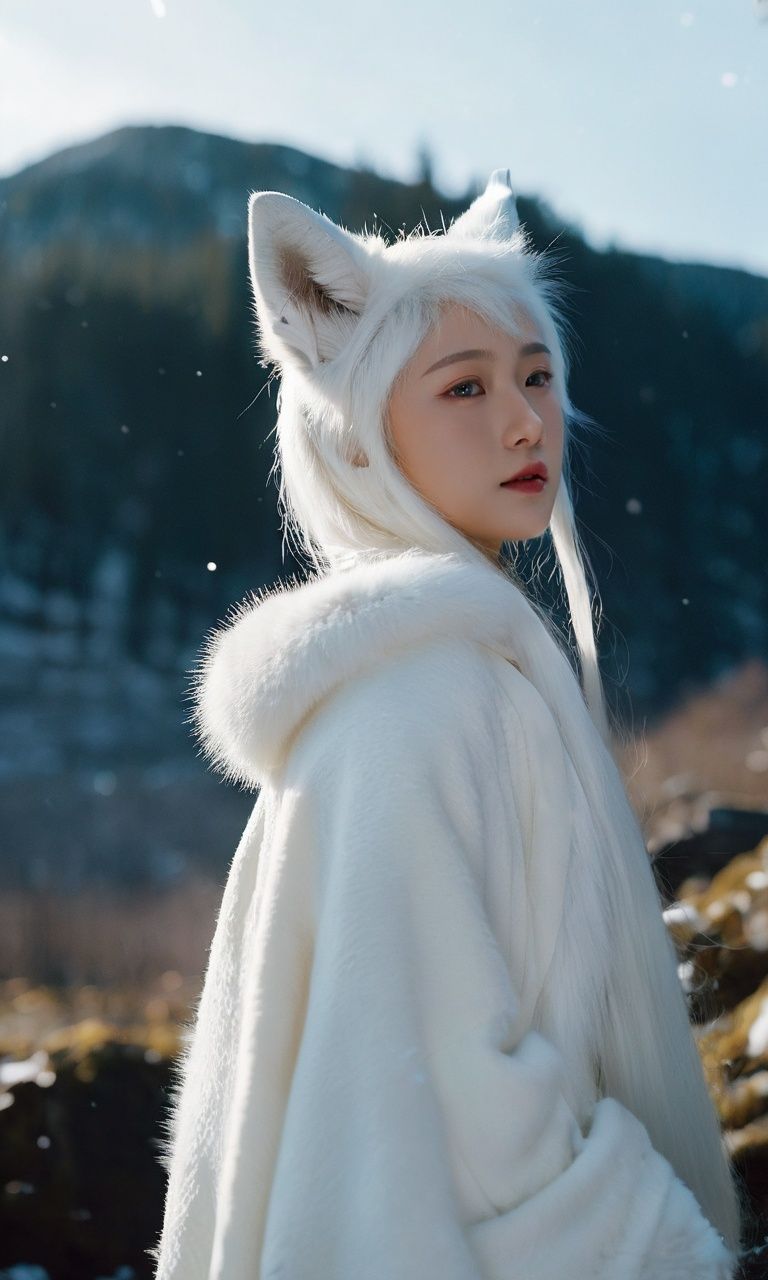 masterpiece,best quality,winter,humanoid monster,super cute a girl,aged 16,Cinematic movie still,capturing the ethereal beauty of a delicate white fox spirit,alluring charm,shape-shifting abilities. Professional photo,enchanting lighting . 35mm photograph,film,profesy,sional,4k,highly detailed,