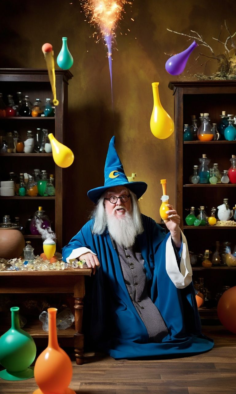 A whimsical and hilarious photograph captures a bumbling wizard::2 in a comical mishap::3 The scene is set in a chaotic laboratory filled with colorful potions and peculiar contraptions. The wizard,with a comically oversized hat and a mismatched outfit,is surrounded by floating objects and a trail of silly special effects. The photograph employs creative composition::3 and bold framing::3 to emphasize the wizard's clumsy antics. Playful lighting creates a sense of chaos and adds to the humor of the scene. Shot with a Nikon Z6,f/2.8 aperture,ISO 800,shutter speed 1/100.,