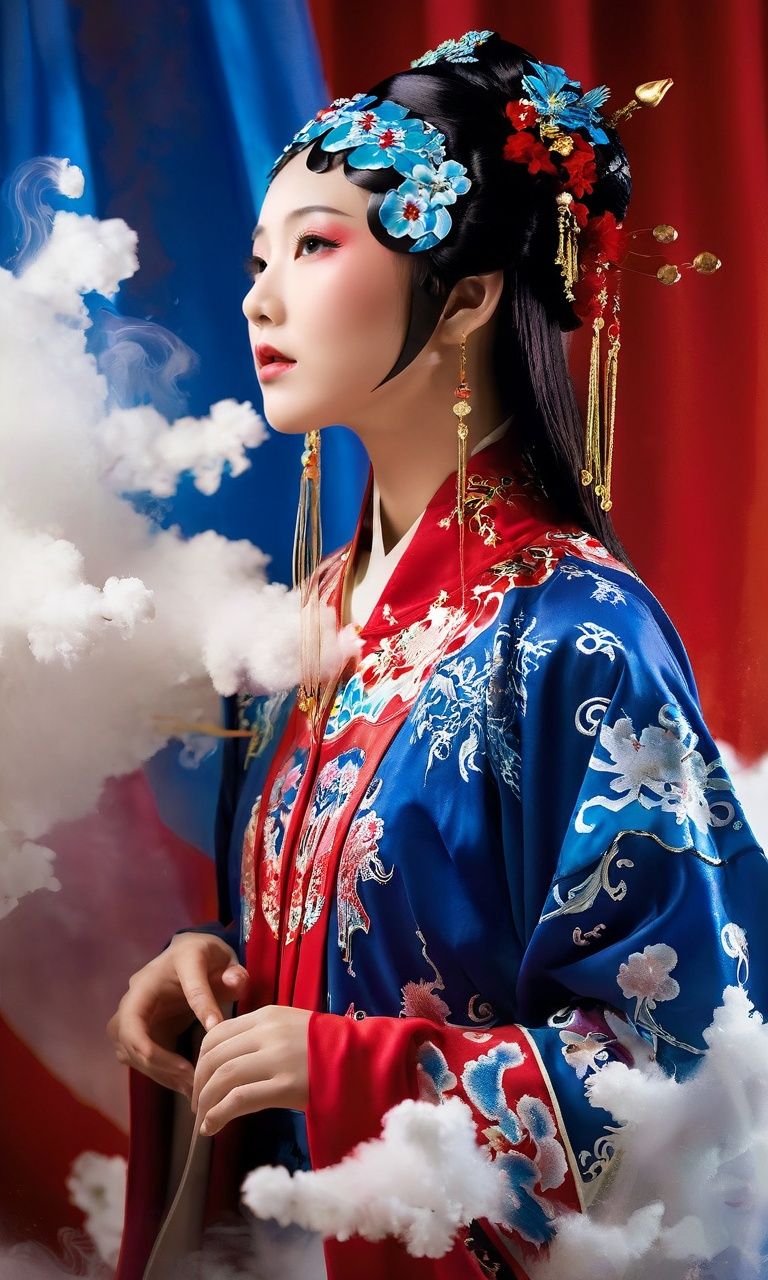 : A captivating photograph capturing the essence of a Chinese opera-inspired scene. A young girl dressed in an intricate Chinese opera costume, adorned with xifu clothes, moves gracefully amidst swirling ink-like fluidic effects. The girl's elegant and poised motion complements the fluidic surroundings. The color palette features a striking combination of red and blue, creating a visually arresting contrast. The scene unfolds in a creatively designed setting, with a hint of traditional ink painting textures. The fluidic elements surround the girl, accentuating the sense of movement and energy. Particles dance around, adding a touch of magic to the composition. The photograph incorporates double exposure techniques, resulting in a unique and artistic composition. Creative lighting and shadows play a pivotal role in enhancing the emotional impact of the image. The camera captures this mesmerizing moment in high resolution, highlighting the finest details.