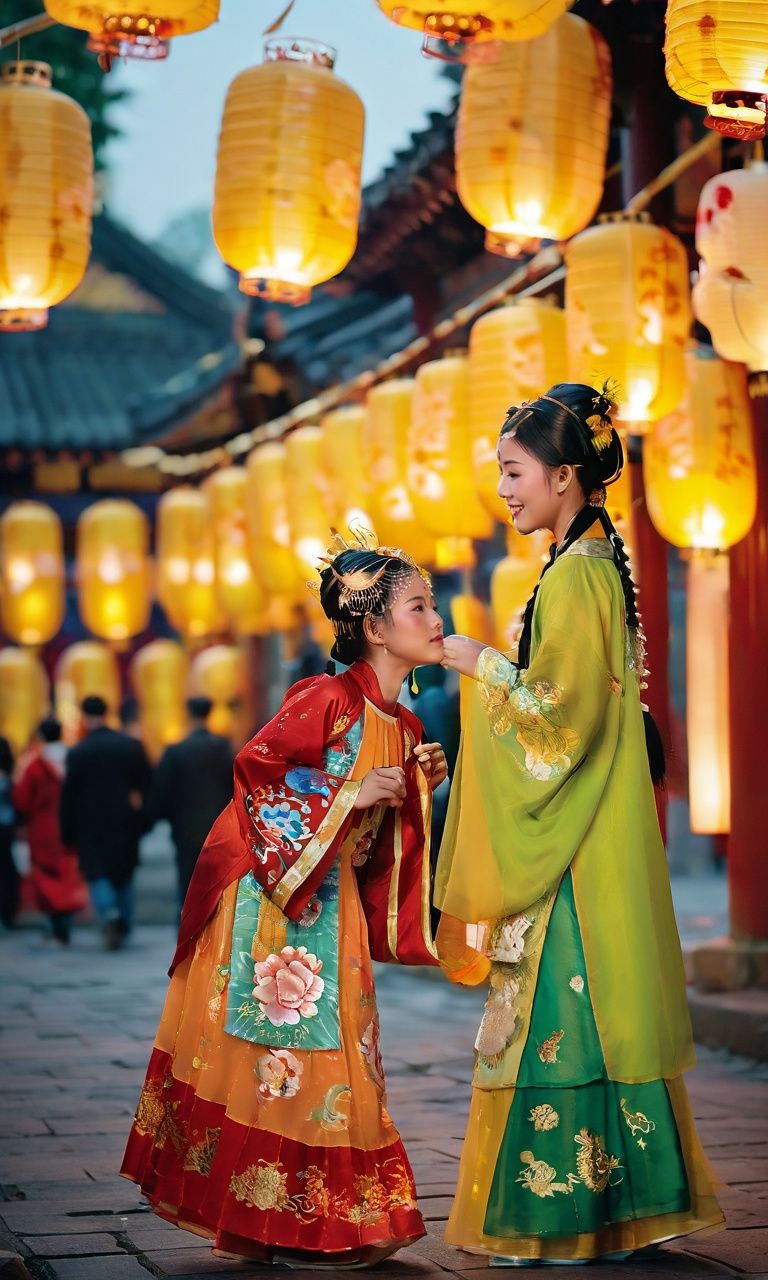 A captivating photograph capturing the essence of the Lantern Festival, where two young girls don traditional Song  clothes in loose and flowing garments. One girl wears a vibrant green outfit, while the other dons a striking yellow ensemble. Both dresses feature intricate details and are complemented by sheer, translucent veils. The girls stand on a bustling shopping street, immersed in the vibrant festivities of the Lantern Festival. They gaze in wonder at the beautifully illuminated lanterns, their faces aglow with joy and amazement. The creative composition of the scene accentuates the elegance of their attire and the enchantment of the moment. The soft, artistic lighting casts ethereal shadows and highlights, enhancing the dreamlike quality of the photograph. The scene is further enriched by a subtle haze that adds an air of mystery and nostalgia. This photograph is a celebration of tradition, beauty, and the wonder of cultural festivals. Shot with a Nikon D850, f/2.8 aperture, ISO 200, and a 35mm lens