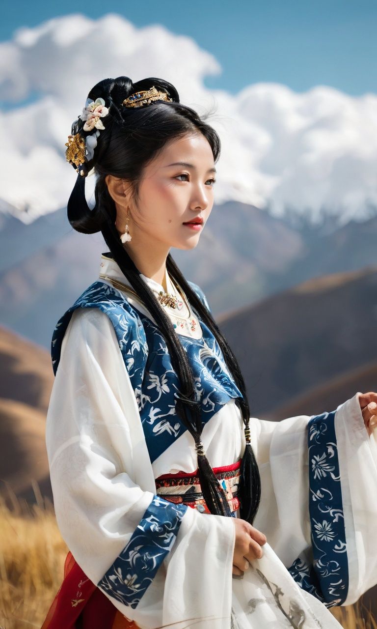 A breathtaking photograph captures a young girl adorned in traditional Zangfu clothes,her attire a stunning contrast against the pristine white backdrop of a high plateau. She stands in the midst of this ethereal landscape,her pose exuding grace and elegance,as if she's a part of the very essence of the plateau itself. The flowing contours of her garments echo the fluidity of ink washes,giving her an otherworldly presence. The scene is suffused with the mesmerizing effects of ink wash fluidity,with swirling patterns enveloping her. As she extends her arms,the particles in the air dance around her,creating a mystical atmosphere. Double exposure techniques are used to blend her with the tranquil yet dramatic plateau surroundings. The creative composition plays with light and shadow,and the addition of smoke effects enhances the overall enigmatic ambiance. The image captures a moment of serene beauty and cultural significance. Photographed using a Nikon D850,f/2.8 aperture,ISO 100,with a 35mm lens.,