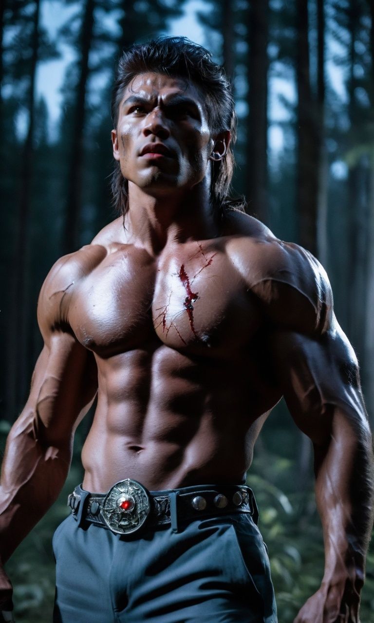 cinematic photo,western fantasy,Transforming werewolf under the full moon,Dynamic and intense metamorphosis,Muscles bulging as bones reshape,Fierce expression reflecting the inner struggle,Shredded clothing caught in the transformation,Moonlit forest backdrop enhancing the atmosphere,Cinematic angle capturing the tension,Dramatic backlight adding depth,Focal length 55mm,aperture f/2.0,ISO 400,shutter speed 1/250.,