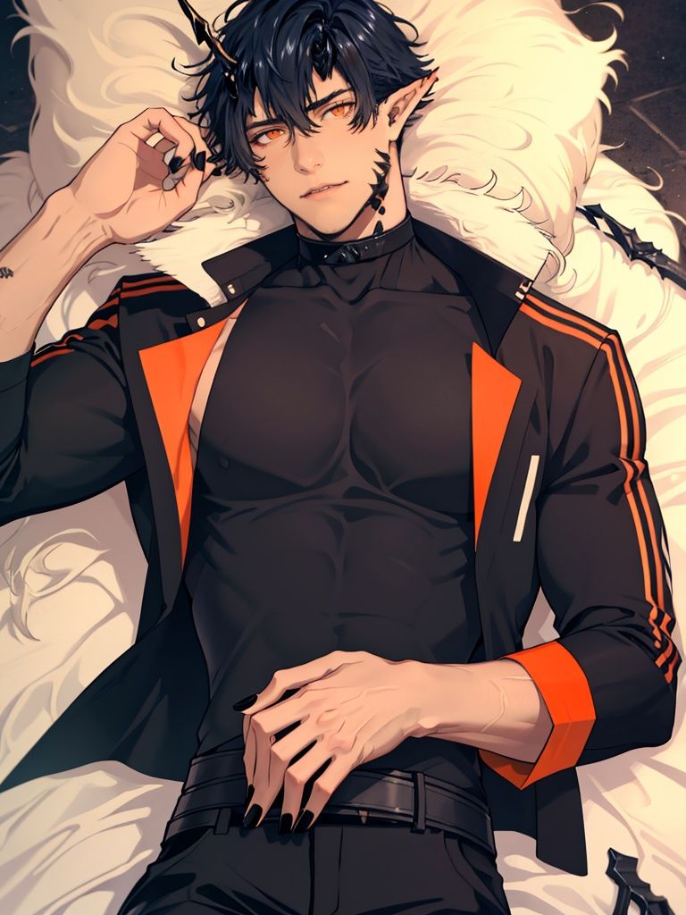 <lora:flamebringer-000005:1>,flamebringer \(arknights\),short hair,pointy ears,oripathy lesion \(arknights\),bishounen,black hair,shirt,jacket,orange eyes,single horn,black nails,black suit,, best quality,masterpiece,highres,realistic,1boy,male focus,solo,looking at viewer,