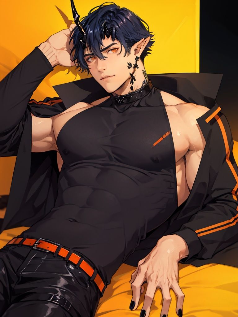 flamebringer \(arknights\),short hair,pointy ears,oripathy lesion \(arknights\),bishounen,black hair,shirt,jacket,orange eyes,single horn,black nails,black shirt,sleeveless,tail,pants,ear piercing,<lora:flamebringer-000005:1>, best quality,masterpiece,highres,realistic,1boy,male focus,solo,looking at viewer,