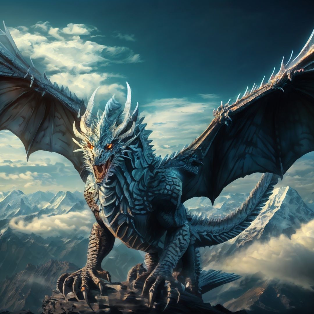 no humans, dragon, cloud,  wings, mountain, open mouth, day, scales, claws, bird, tail, horns, cloudy sky, fangs, sharp teeth,fire,caldera,julong  <lora:julong_20230903124714-000004:1>