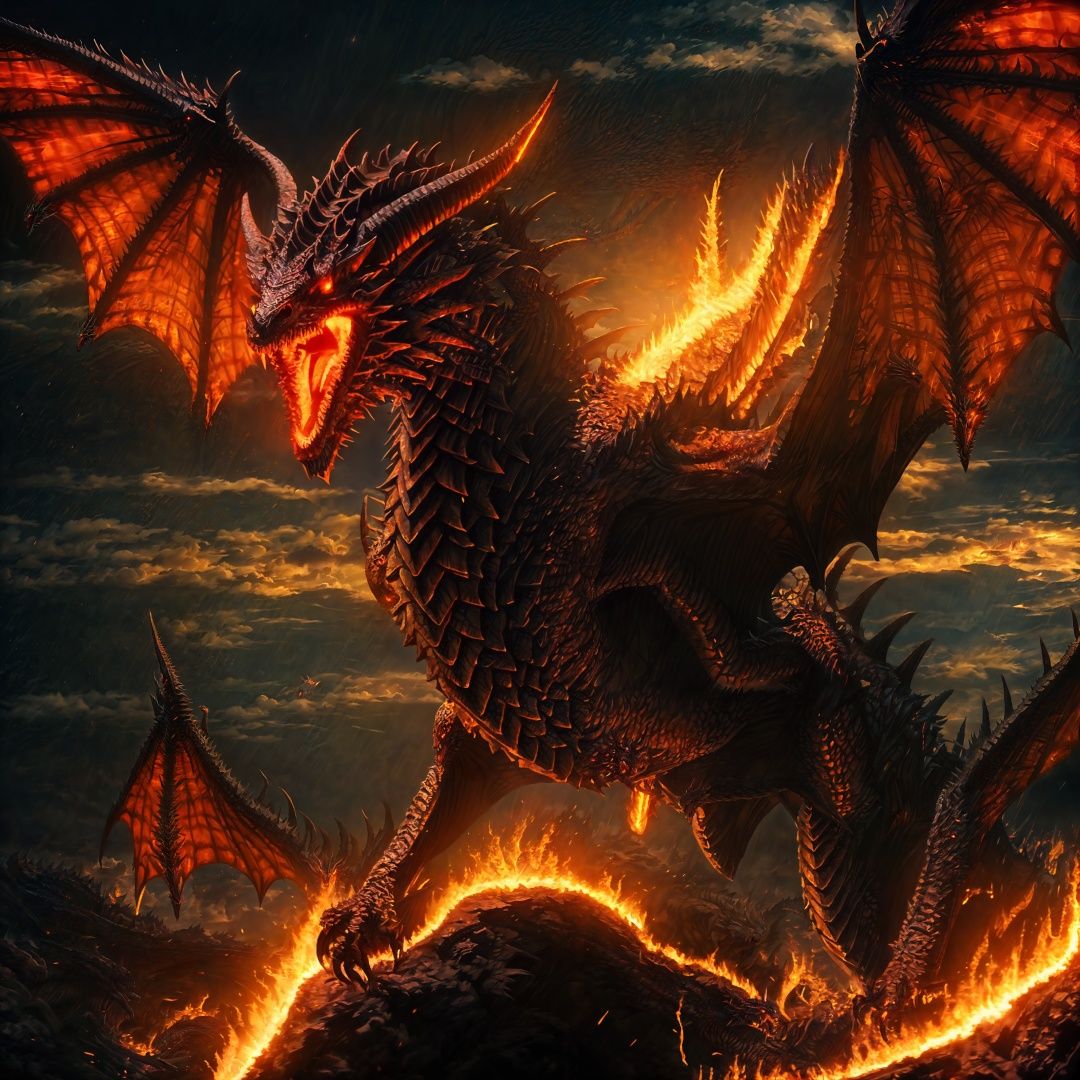 no humans, wings, open mouth, fire, a dragon, horns, red eyes, claws, sharp teeth, cloud, teeth, sky, molten rock, monster, scales, spikes,a pair of wings,masterpiece,best quality,julong  <lora:julong_20230903124714-000004:1>