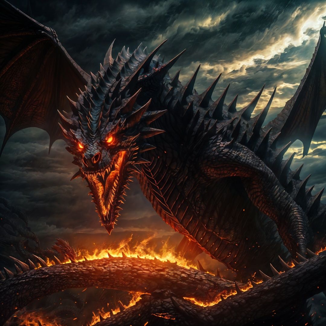 no humans, open mouth, monster, fire, cloud, sharp teeth, teeth, red eyes, glowing, sky, tail, scales, glowing eyes, cloudy sky, claws, dragon, spikes,head close-up,julong <lora:julong_20230903124714-000004:1>