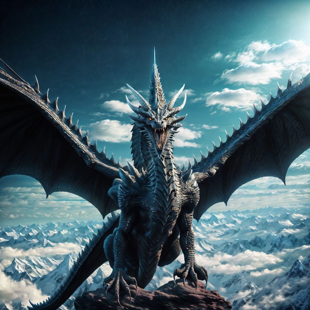 no humans, dragon, cloud, sky, wings, mountain, open mouth, day, scales, claws, bird, outdoors, tail, horns, cloudy sky, fangs, sharp teeth,icy dragon,julong  <lora:julong_20230903124714-000004:1>
