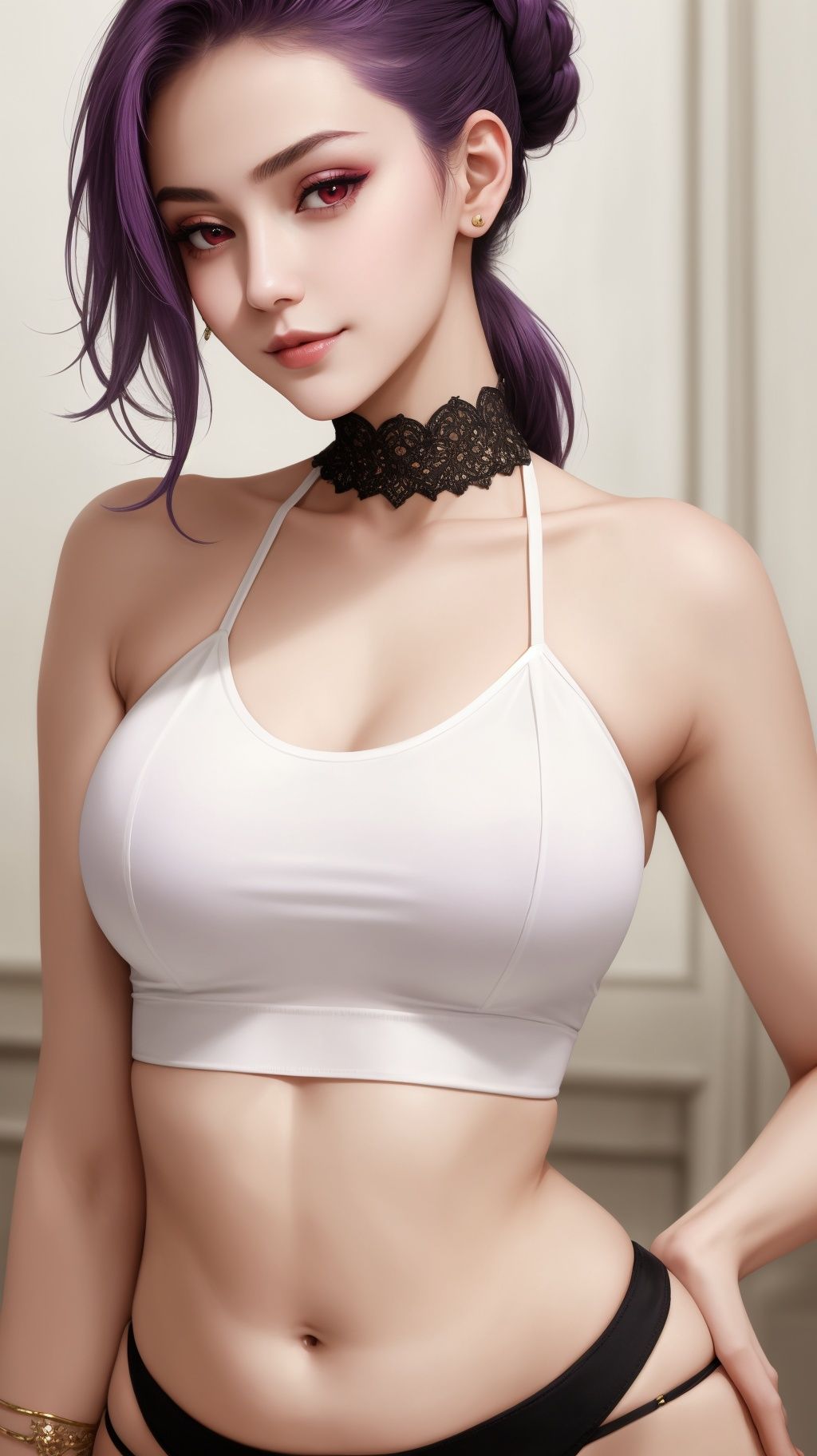 (masterpiece, best quality), intricate details, thin, ((slim)), beautiful girl, Purple hair tied up, white skin, dark red eyes, sharp jawline, crop top, messy hair, plump lips, upper body, close up, smirk