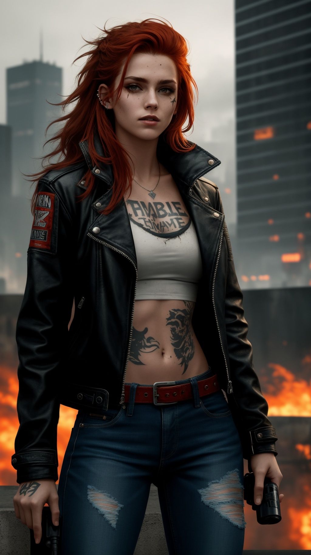 A dazzling snapshot of a red-haired rebel in a leather jacket and jeans, standing on a rooftop of a dystopian city. Her face is fierce and confident, with piercing eyes and a smirk. Her hair is wild and messy, reflecting her rebellious spirit. Her jacket and jeans are worn and torn, revealing her tattoos and scars. She holds a gun in one hand and a spray can in the other, ready for action. The image is gritty and realistic, with every detail rendered in 8k resolution. The lighting is dark and moody, creating a contrast with her fiery hair. The background is chaotic, with explosions, smoke and graffiti. The image is a work of ********** and attitude, showcasing the girl’s courage and charisma. She looks like a nightmare come true, a perfect blend of badass and sexy, like a cyberpunk heroine.