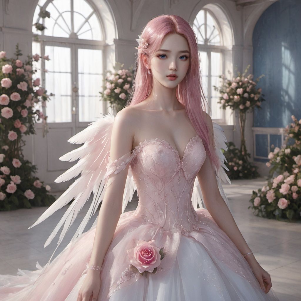 masterpiece, 1 girl, 22 years old, Look at me, Exquisite makeup, Pink hair., Long hair, white wedding dress, Wipe the chest, Indoor, Exquisite decoration, Bright light, Stand, In the middle of the picture, Whole body, Plenty of roses, textured skin, super detail, best quality,Future City,FilmGirl,blue and white porcelain,Angel wings,Fly up,Holy light, A fantastic scene, Falling feathers