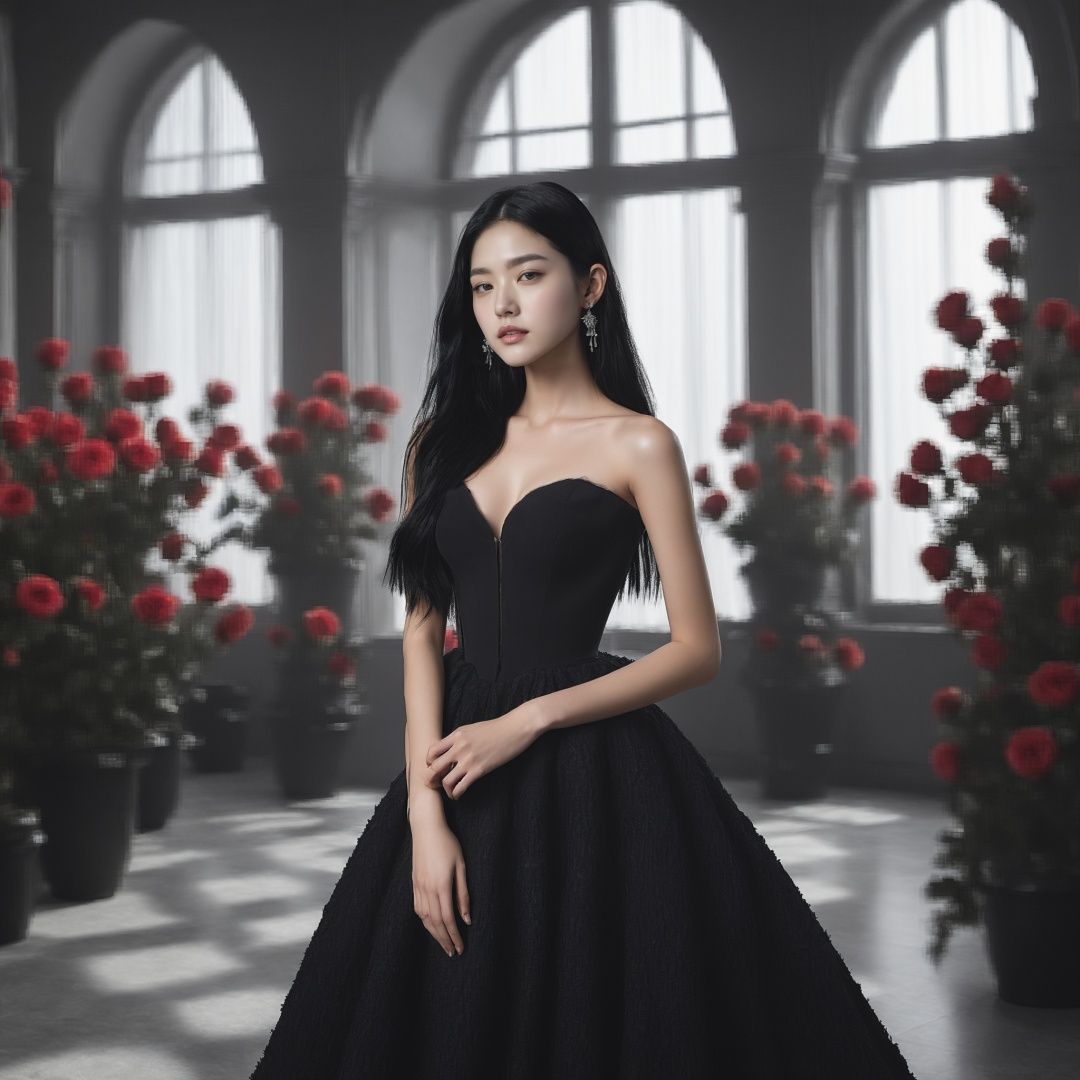 masterpiece, 1 girl, 22 years old, Look at me, Exquisite makeup, Black hair, Long hair, black dress, Indoor, Exquisite decoration, Bright light, Stand, In the middle of the picture, Whole body, Plenty of roses, textured skin, super detail, best quality<lora:TrueLove-000007:0.5>