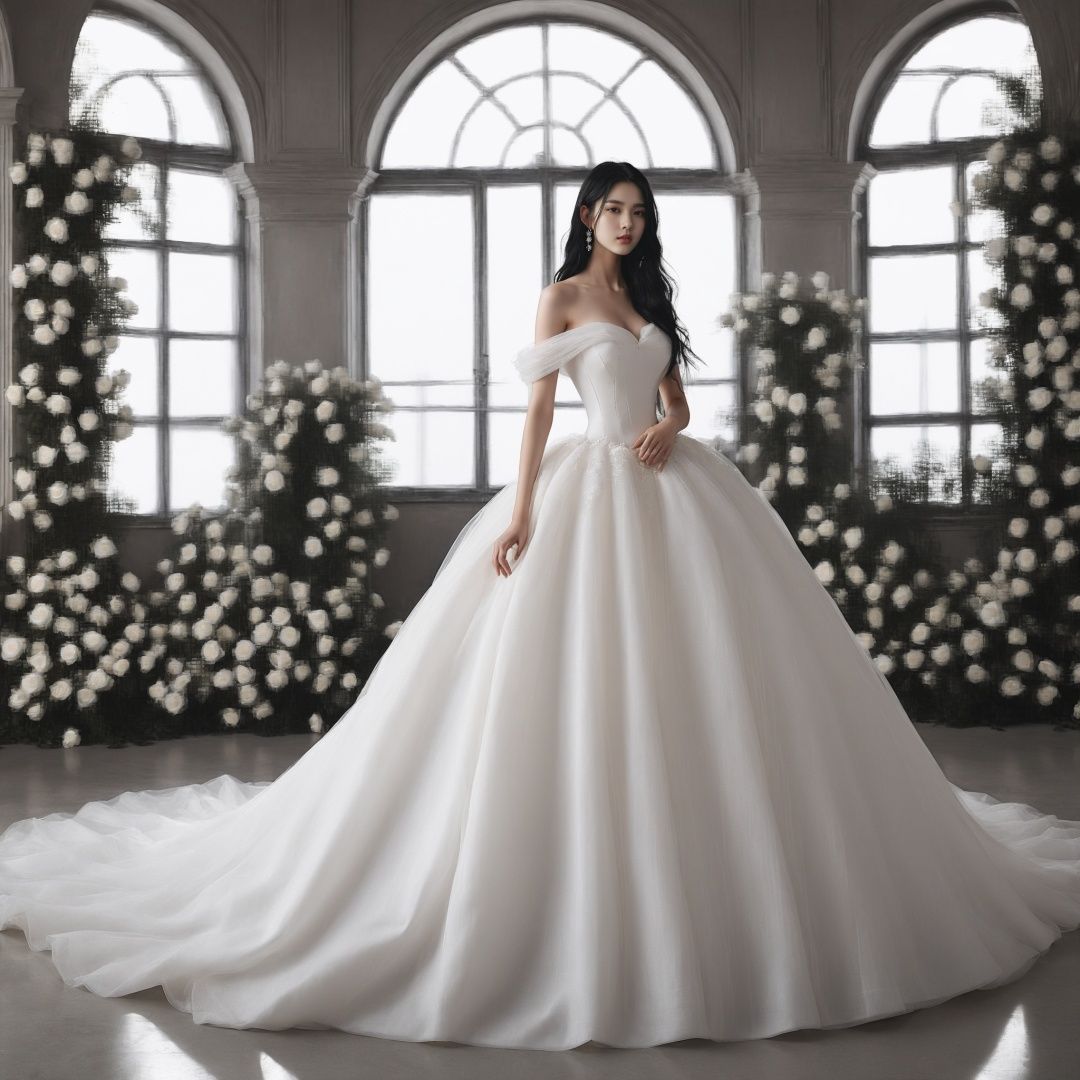 masterpiece, 1 girl, 22 years old, Look at me, Exquisite makeup, Black hair, Long hair, white wedding dress, Wipe the chest, Indoor, Exquisite decoration, Bright light, Stand, In the middle of the picture, Whole body, Plenty of roses, textured skin, super detail, best quality<lora:TrueLove-000007:0.5>