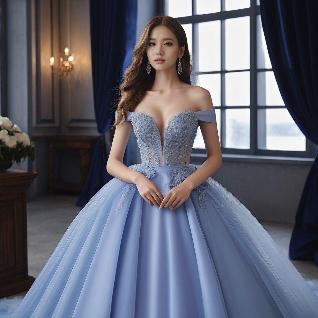 masterpiece, 1 girl, 22 years old, Look at me, Exquisite makeup, Tea hair, Long hair, Blue wedding dress, Wipe the chest, Indoor, Exquisite decoration, Bright light, Stand, In the middle of the picture, Close-up<lora:TrueLove-000007:0.5>