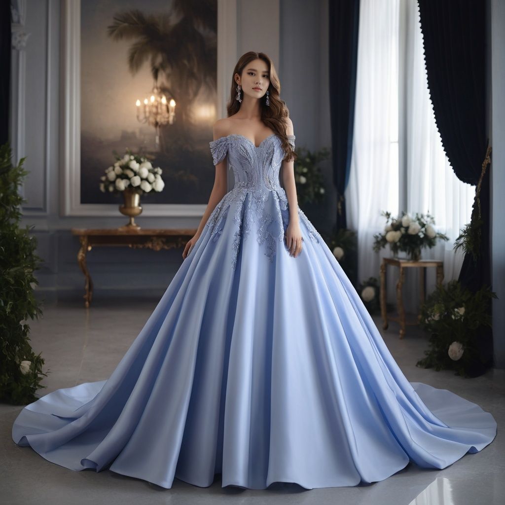 masterpiece, 1 girl, 22 years old, Look at me, Exquisite makeup, Tea hair, Long hair, Blue wedding dress, Wipe the chest, Indoor, Exquisite decoration, Bright light, Stand, In the middle of the picture, Whole body, textured skin, super detail, best quality<lora:TrueLove-000007:0.5>