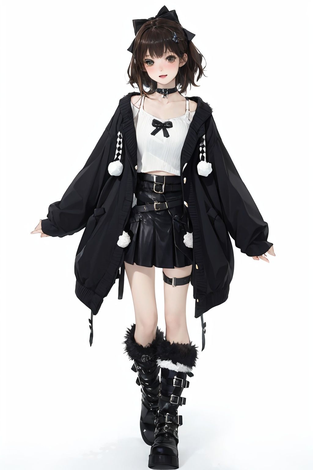 qzchuanda, 1girl, solo, boots, brown hair, white background, full body, simple background, black footwear, sleeves past wrists, skirt, hood, hoodie, thigh strap, choker, standing, collar, hair bow, short hair, brown eyes, bow, pom pom \(clothes\), fur trim, long sleeves, sleeves past fingers, jewelry, sweater