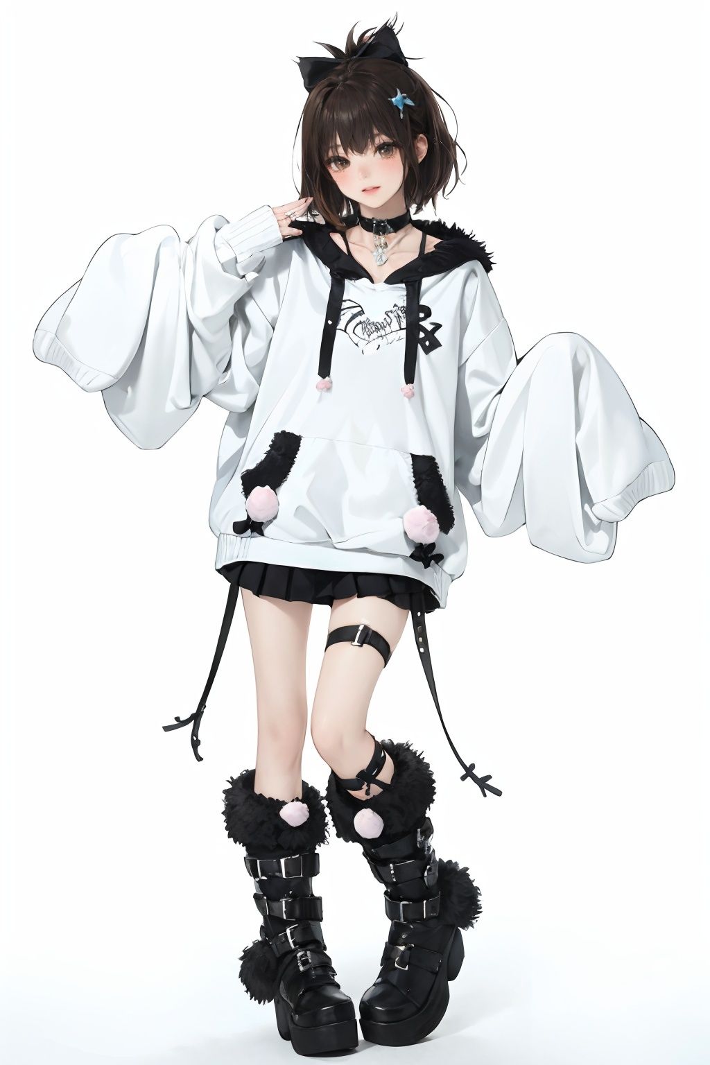 qzchuanda, 1girl, solo, boots, brown hair, white background, full body, simple background, black footwear, sleeves past wrists, skirt, hood, hoodie, thigh strap, choker, standing, collar, hair bow, short hair, brown eyes, bow, pom pom \(clothes\), fur trim, long sleeves, sleeves past fingers, jewelry, sweater