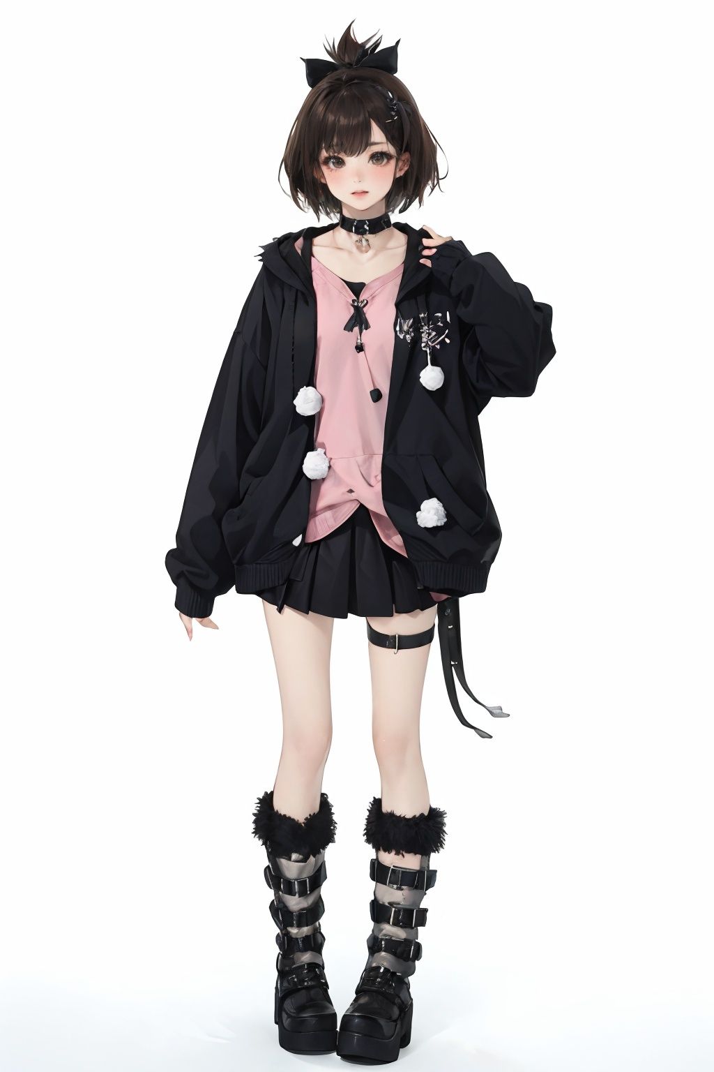 qzchuanda, 1girl, solo, boots, brown hair, white background, full body, simple background, black footwear, sleeves past wrists, skirt, hood, hoodie, thigh strap, choker, standing, collar, hair bow, short hair, brown eyes, bow, pom pom \(clothes\), fur trim, long sleeves, sleeves past fingers, jewelry, sweater