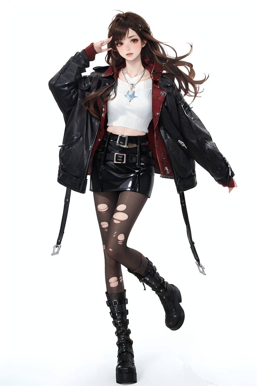 qzchuanda, 1girl, solo, torn clothes, fashion, pantyhose, skirt, torn pantyhose, brown hair, leather, jacket, boots, leather jacket, jewelry, necklace, belt, brown eyes, white background, long hair, realistic, pencil skirt, full body