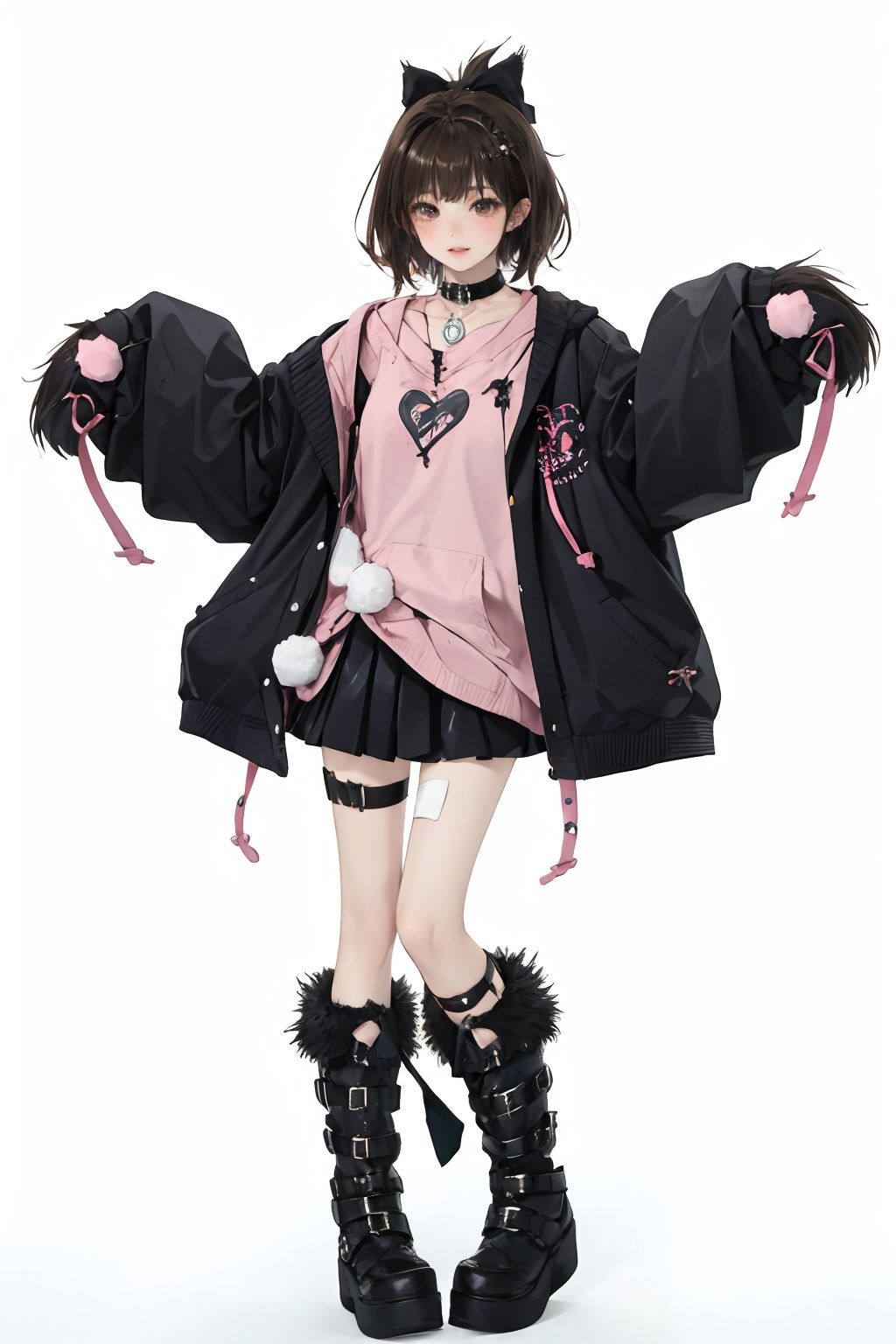 qzchuanda, 1girl, solo, boots, brown hair, white background, full body, simple background, black footwear, sleeves past wrists, skirt, hood, hoodie, thigh strap, choker, standing, collar, hair bow, short hair, brown eyes, bow, pom pom \(clothes\), fur trim, long sleeves, sleeves past fingers, jewelry, sweater
