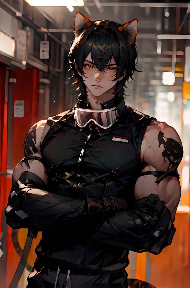 masterpiece,best quality,male focus,(manly),masculine appeal, handsome face,finely detailed eyes and face, youthful face,(solo),(alone),cowboy shot, detailed eyes, Perfect features,(20-year-old male),narrow waist,1boy,buluoka,animal ears, black hair, short hair, hair between eyes, yellow eyes, cat ears, tail, tattoo, muscular, cat boy, black gloves, gloves, sleeveless, shirt, black shirt, sleeveless shirt, pants, goggles, upper body, best quality, masterpiece, highres, realistic, 1boy, male focus, solo, looking at viewer,<lora:buluoka-000008:1><lora:效果修复手GoodHands-beta2:0.4>   