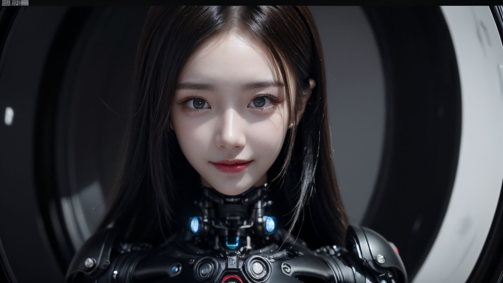 HDR, UHD, 8K, Highly detailed, best quality, masterpiece, 1girl, realistic, Highly detailed, (EOS R8, 50mm, F1.2, 8K, RAW photo:1.2), ultra realistic 8k cg,,,(:):1.5),cyborg,linghua,smile