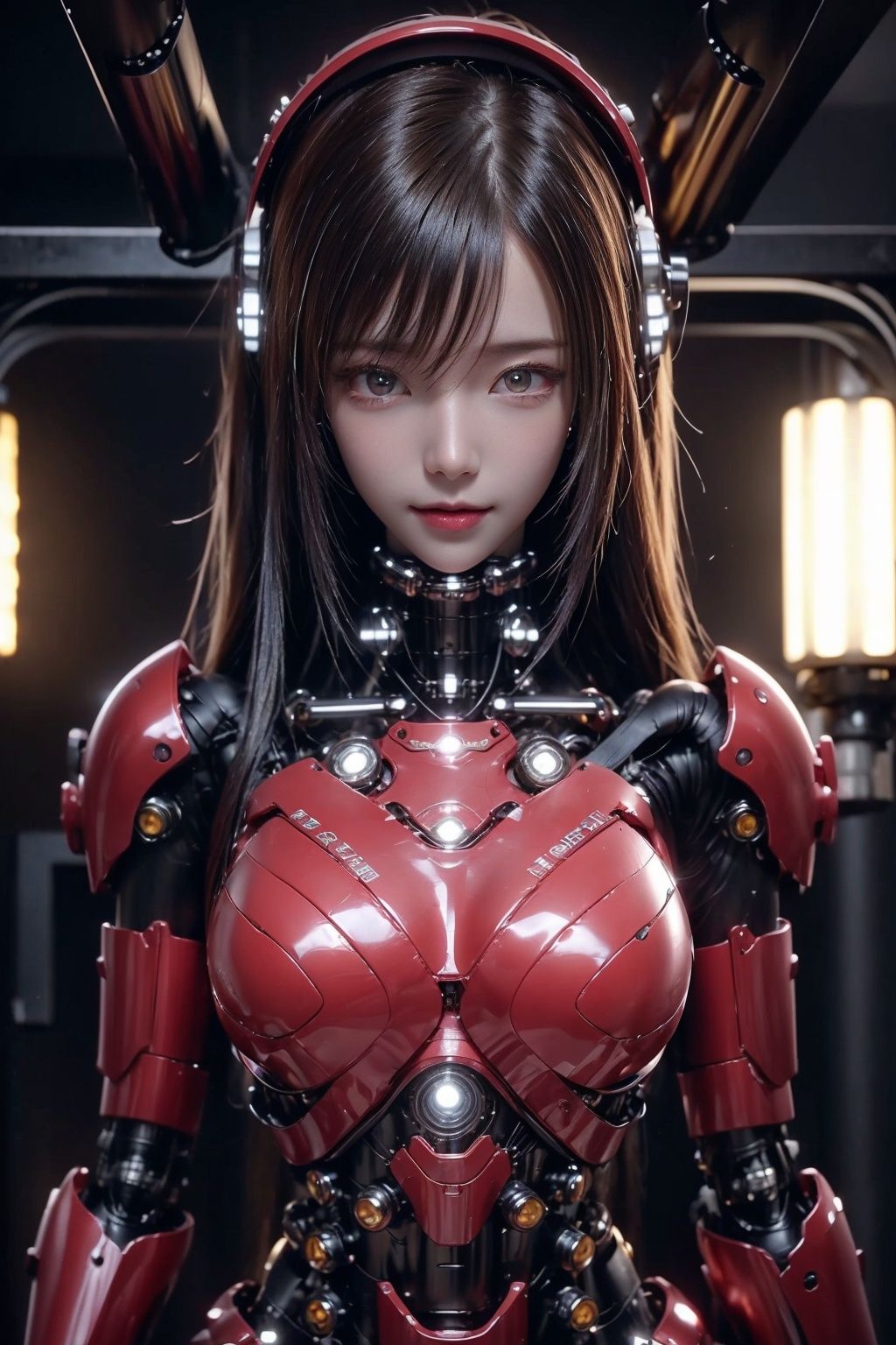 HDR, UHD, 8K, Highly detailed, best quality, masterpiece, 1girl, realistic, Highly detailed, (EOS R8, 50mm, F1.2, 8K, RAW photo:1.2), ultra realistic 8k cg,ultra realistic 8k cg, picture-perfect face, flawless, clean, masterpiece, professional artwork, famous artwork, perfect face, beautiful face, beautiful eyes, ((perfect female body)), solo,(immersive atmosphere, chiaroscuro:1.5,bright light:1.2,luminous lighting),,(blush:0.5),seductive expression,extremely detailed_eyes,thick thighs,large breasts,beautifully detailed background,depth of field,realistic:1.3, long shot,1girl,shirt,pleated skirt, school uniform,  full body, (ambient light:1.3),(cinematic composition:1.3),(neon lights:0.1),(HDR:0.1),Accent Lighting, , ,ChihunHentai,blue_jijiaS,Pink Mecha,machinery,, Mecha,,cyborg,solo,linghua,cross legged,smile