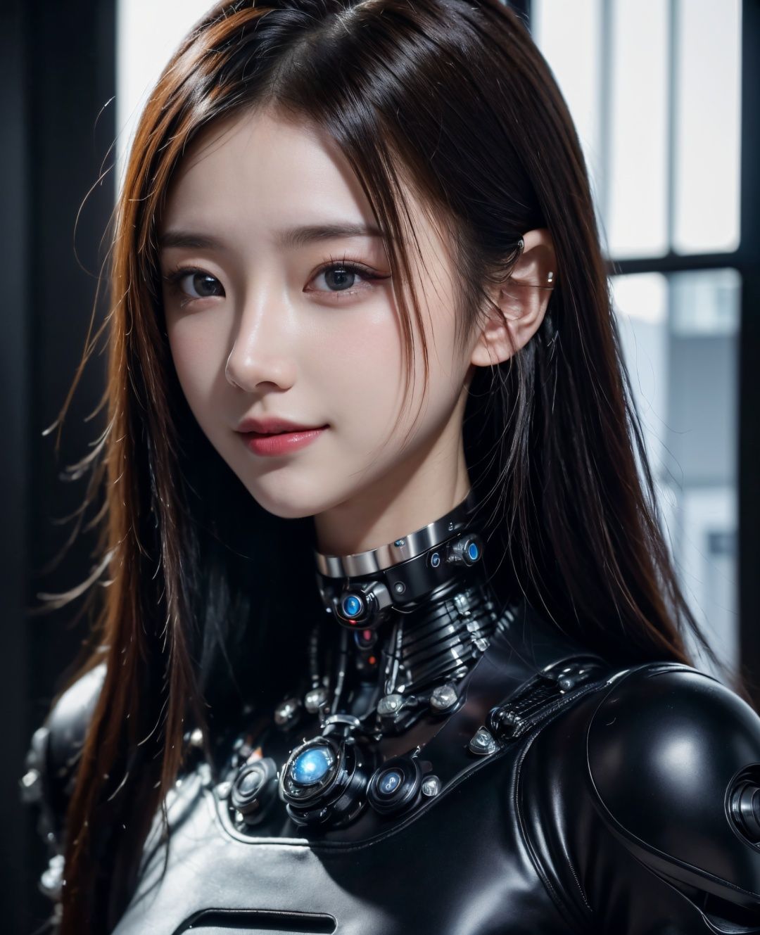 HDR, UHD, 8K, Highly detailed, best quality, masterpiece, 1girl, realistic, Highly detailed, (EOS R8, 50mm, F1.2, 8K, RAW photo:1.2), ultra realistic 8k cg,,,(:):1.5),cyborg,linghua,smile