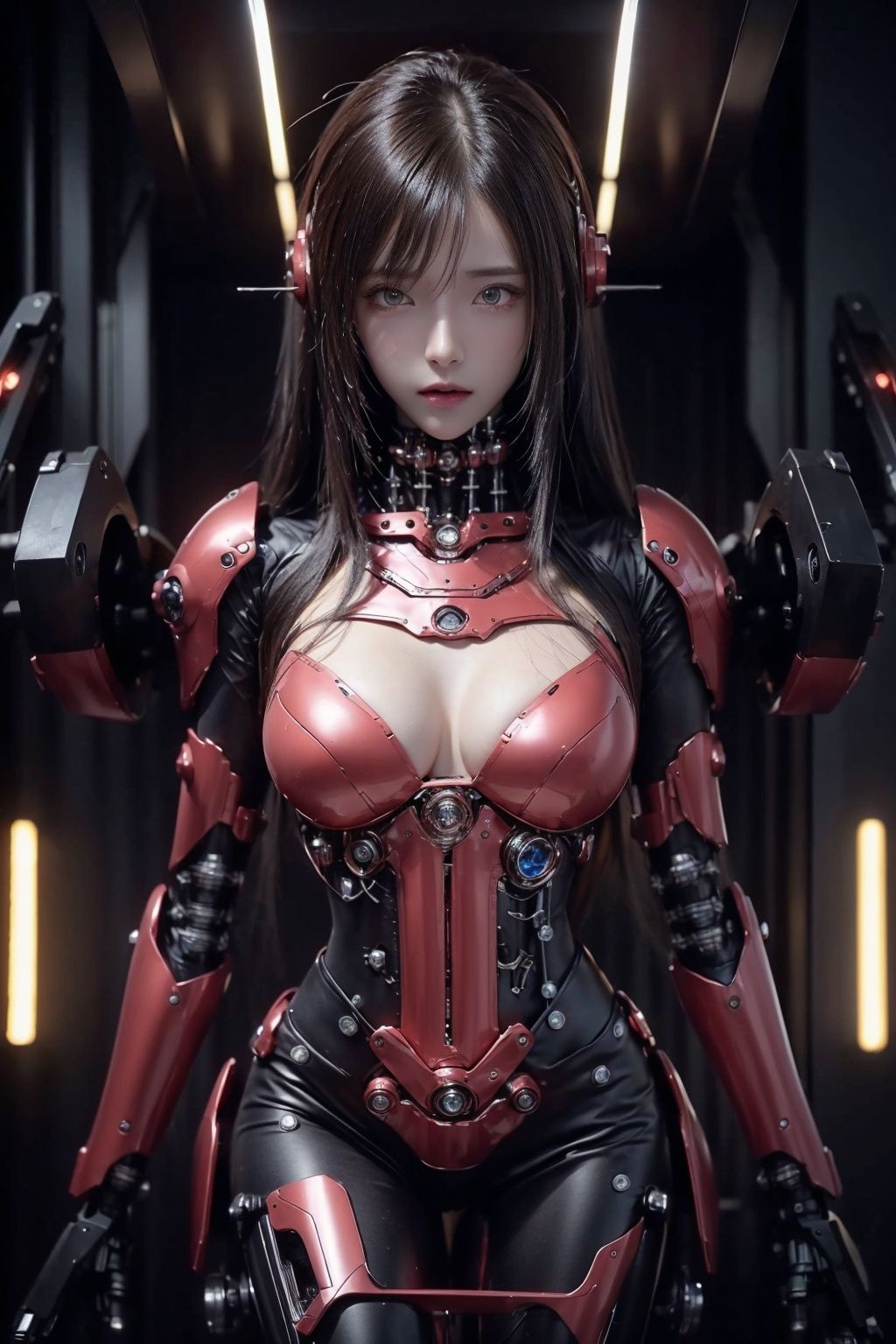 HDR, UHD, 8K, Highly detailed, best quality, masterpiece, 1girl, realistic, Highly detailed, (EOS R8, 50mm, F1.2, 8K, RAW photo:1.2), ultra realistic 8k cg,ultra realistic 8k cg, picture-perfect face, flawless, clean, masterpiece, professional artwork, famous artwork, perfect face, beautiful face, beautiful eyes, ((perfect female body)), solo,(immersive atmosphere, chiaroscuro:1.5,bright light:1.2,luminous lighting),,(blush:0.5),seductive expression,extremely detailed_eyes,thick thighs,large breasts,beautifully detailed background,depth of field,realistic:1.3, long shot,1girl,shirt,pleated skirt, school uniform,  full body, (ambient light:1.3),(cinematic composition:1.3),(neon lights:0.1),(HDR:0.1),Accent Lighting, , ,ChihunHentai,blue_jijiaS,Pink Mecha,machinery,, Mecha,,cyborg,solo,linghua,cross-legged