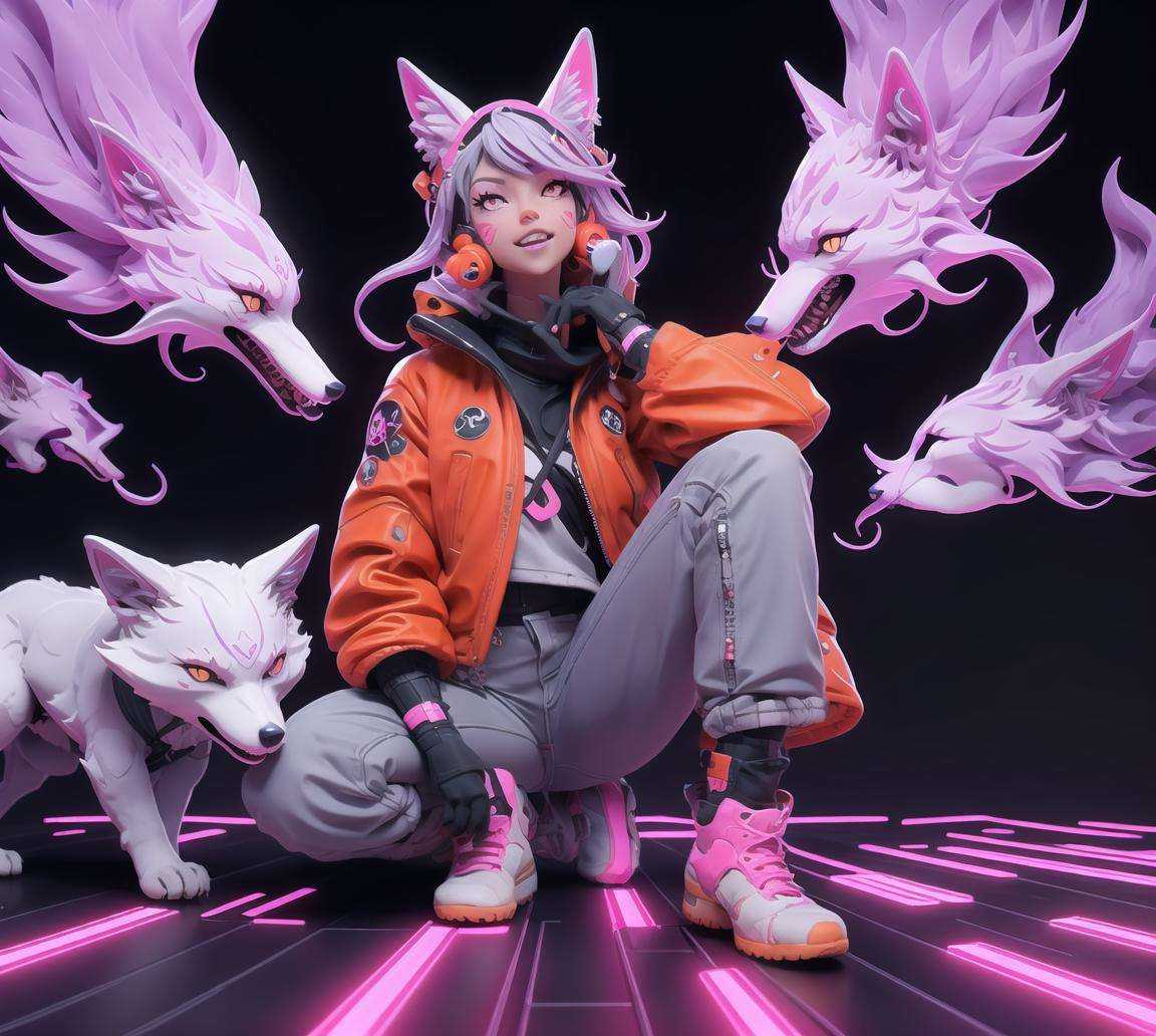 nijilorawolf a nijigirl with wolf - ears wearing glowing red bodysuit and jeans,  gray hair,  big warm smile by ᴱᵐᵒˣⁱ♠ⁿᵈᵒˡ...