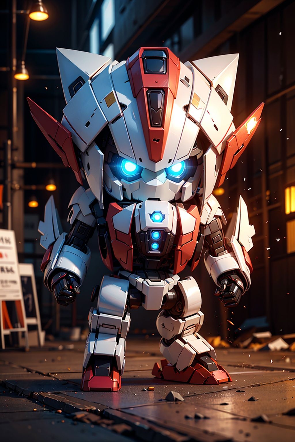 blurry,blurry_background,mecha,depth_of_field,blue_eyes,glowing,glowing_eyes,solo,no_humans