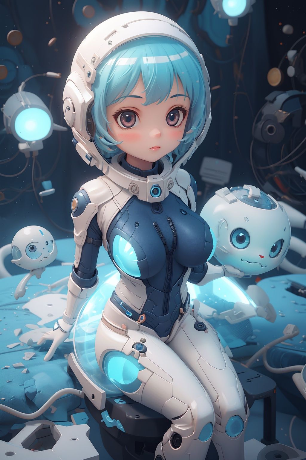 masterpiece, best quality, 1girl, translucent skin, Blue, bodysuit, mechanical, cowboy shot, space, sitting, from above, large breasts, bone,（Spacesuit：1.5） White,Pixar