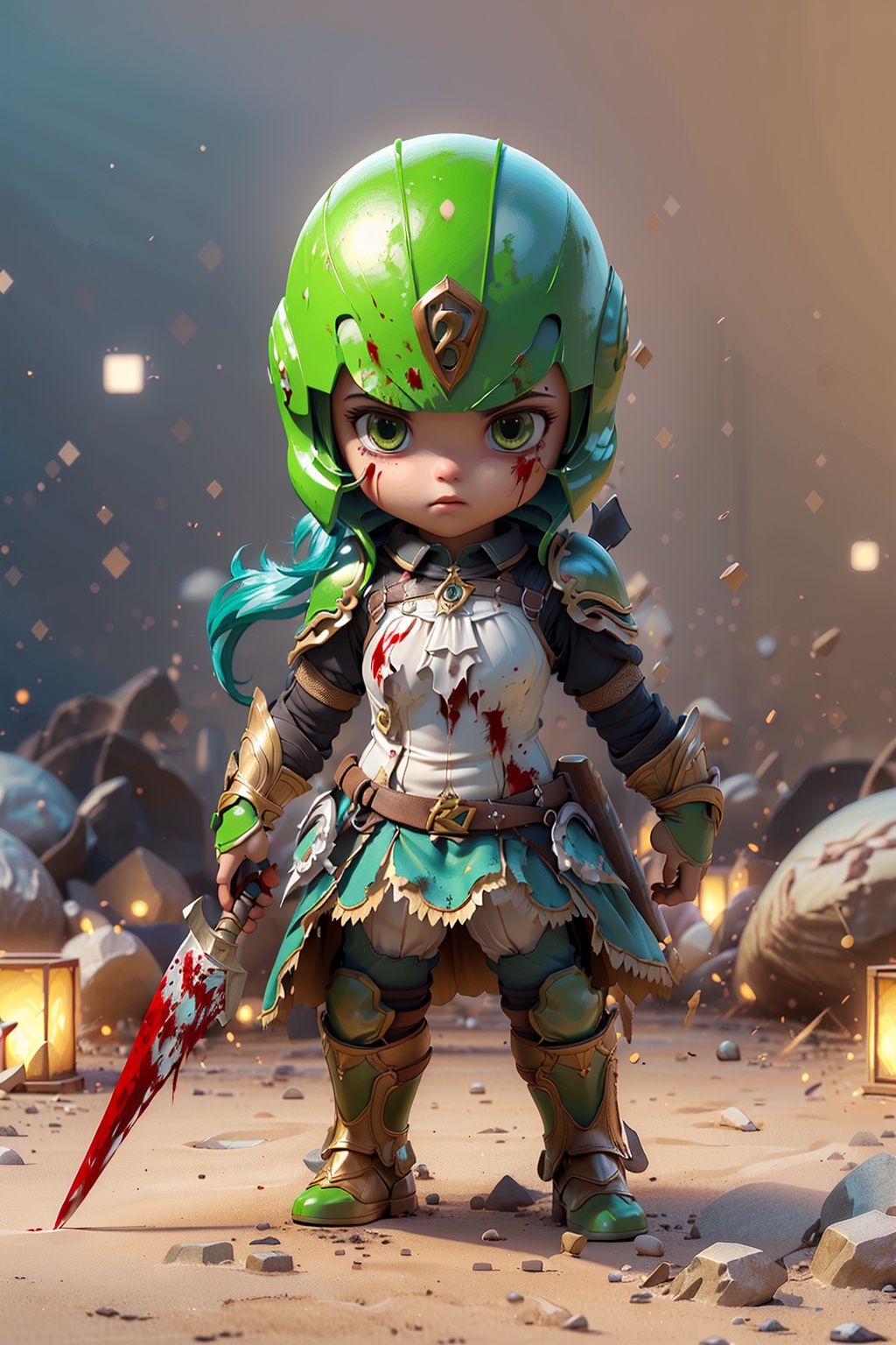 (pov), solo, nephenee fe, green long hair, green eyes, skirt, thigh band, helmet, armor, breastplate, torn clothes, weapon, right hand spear, large round shield on left hand, holding, holding weapon, multiple pose, multiple focus, (medieval fantasy-style outdoors, drive away with attacks, extreme attack, miracle attack, blood splatter), (art cg, ultra-detailed, best quality, illustration, particle lighting, unity 8k wallpaper, beautiful detailed glow, an extremely delicate and beautiful:1.3), gleaming skin, shiny hair, detailed and delicate costumes,(solo:1.55)