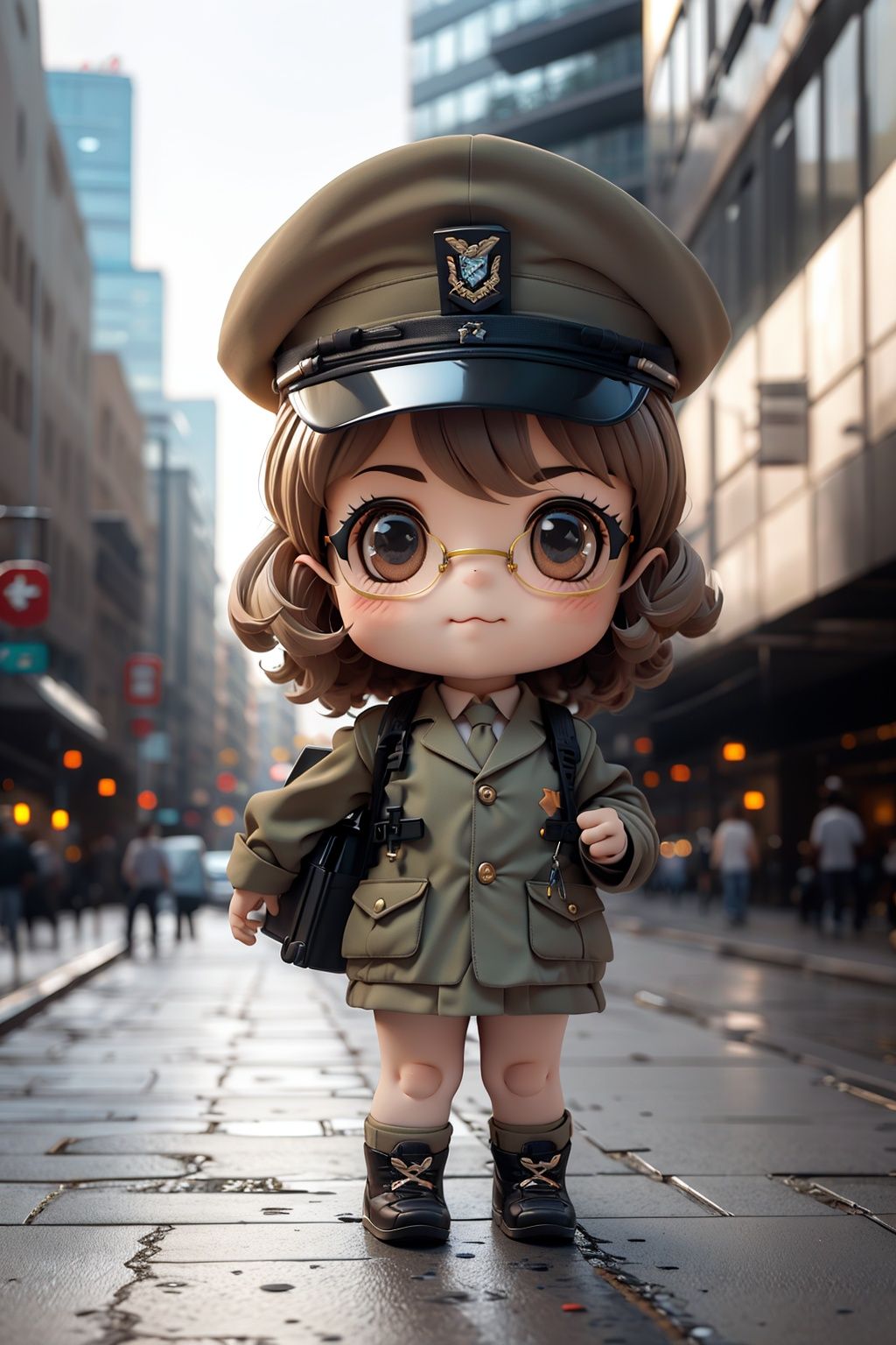 A cute little girl, fat body, carrying a Briefcase, wearing a military cap, wearing a pair of sunglasses, strode forward, city streets, high-rise buildings,full body,chibi, 