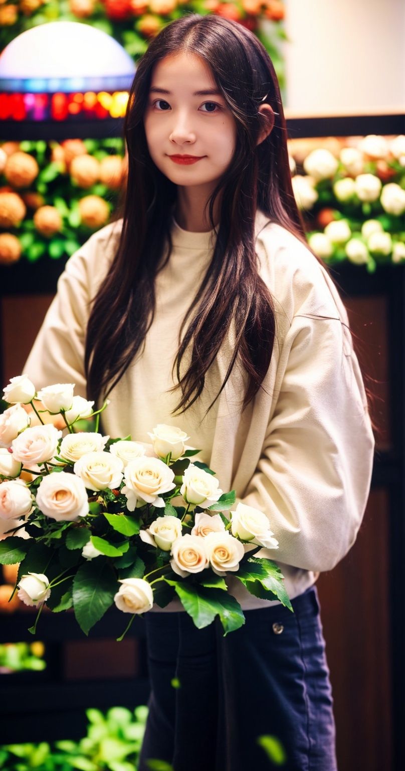 1girl, solo, flower, long hair, realistic, holding, holding flower, brown hair, looking at viewer, blurry background, mole under eye, blurry, mole, upper body, brown eyes, white flower, rose, lips, white rose, shirt, black hair,Beautiful detailed girl, Very detailed eyes and face, Beautiful detailed eyes, ridiculous, Incredibly Ridiculous res, hugefilesize, Super detailed, high resolution, Very detailed, Best quality, Masterpiece, ((fashion clothing with diverse colors)), illustration, Very detailed, CG, unified, 8K wallpaper, Amazing, finedetail, Masterpiece ,Best quality, Very detailed CG uniform 8k wallpaper, light in face, Movie lighting, 