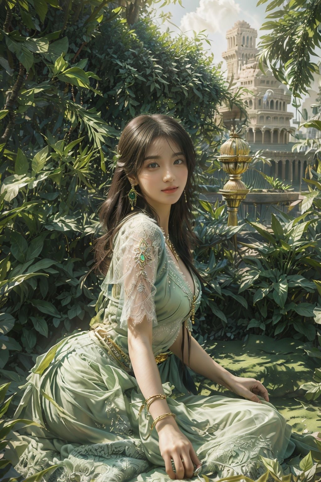 (1girl,light smile),green, (Ancient Babylon,Babylon,hanging garden of babylon),looking at viewer,jewelry, solo,long hair, earrings, looking at viewer, short sleeves, hair ornament, realistic,dress, lips, breasts, outdoors, ring,(bikini),( cloudy sky), ultra realistic 8k cg,8K, 32k,HD, DSLR,picture-perfect face,beautiful clothes,lacetrim,Long skirt hemline,lacetrim,lace-trimmed leg wear,emerald,intricate detail,delicate pattern,ultra realistic,long leg,(Delicate shoes),(masterpiece, top quality),master piece,professional artwork,famous artwork,cinematic lighting, mystical atmosphere,(realistic,photorealistic:1.37) , available light, Cinematic Lighting, very delicate light ,grass,<lora:Ancient Babylon_GREEN:0.6>