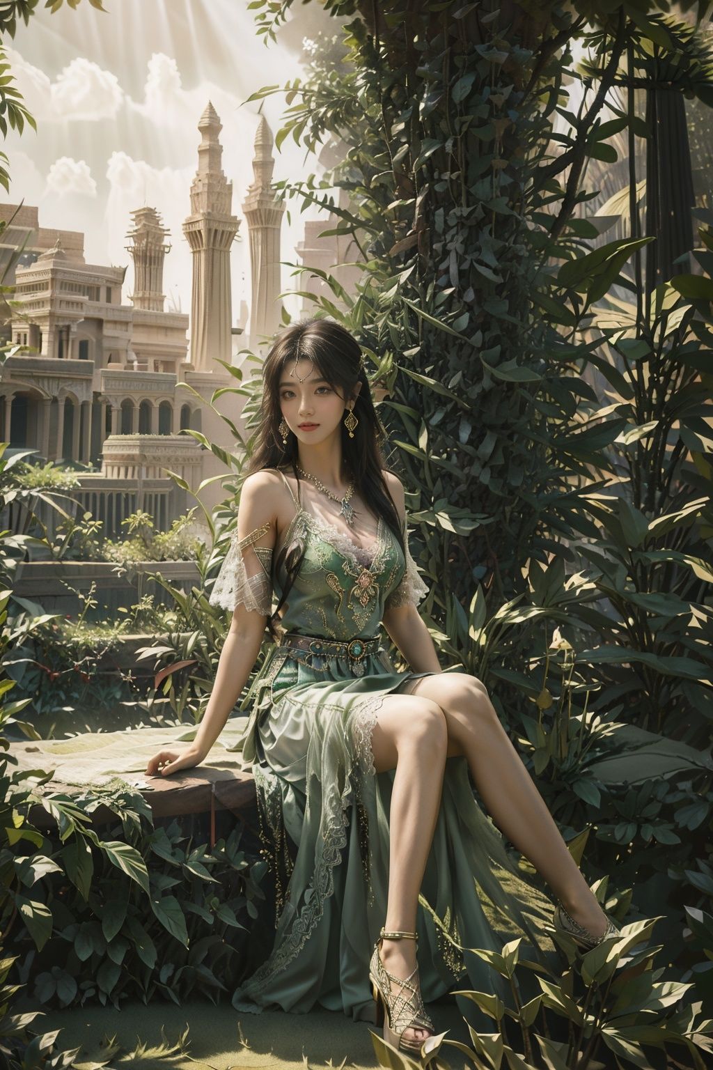 (1girl,light smile),green, (Ancient Babylon,Babylon,hanging garden of babylon),looking at viewer,jewelry, solo,long hair, earrings, looking at viewer, short sleeves, hair ornament, realistic,dress, lips, breasts, outdoors, ring,(bikini),( cloudy sky), ultra realistic 8k cg,8K, 32k,HD, DSLR,picture-perfect face,beautiful clothes,lacetrim,Long skirt hemline,lacetrim,lace-trimmed leg wear,emerald,intricate detail,delicate pattern,ultra realistic,long leg,(Delicate shoes),(masterpiece, top quality),master piece,professional artwork,famous artwork,cinematic lighting, mystical atmosphere,(realistic,photorealistic:1.37) , available light, Cinematic Lighting, very delicate light ,grass,<lora:Ancient Babylon_GREEN:0.6>