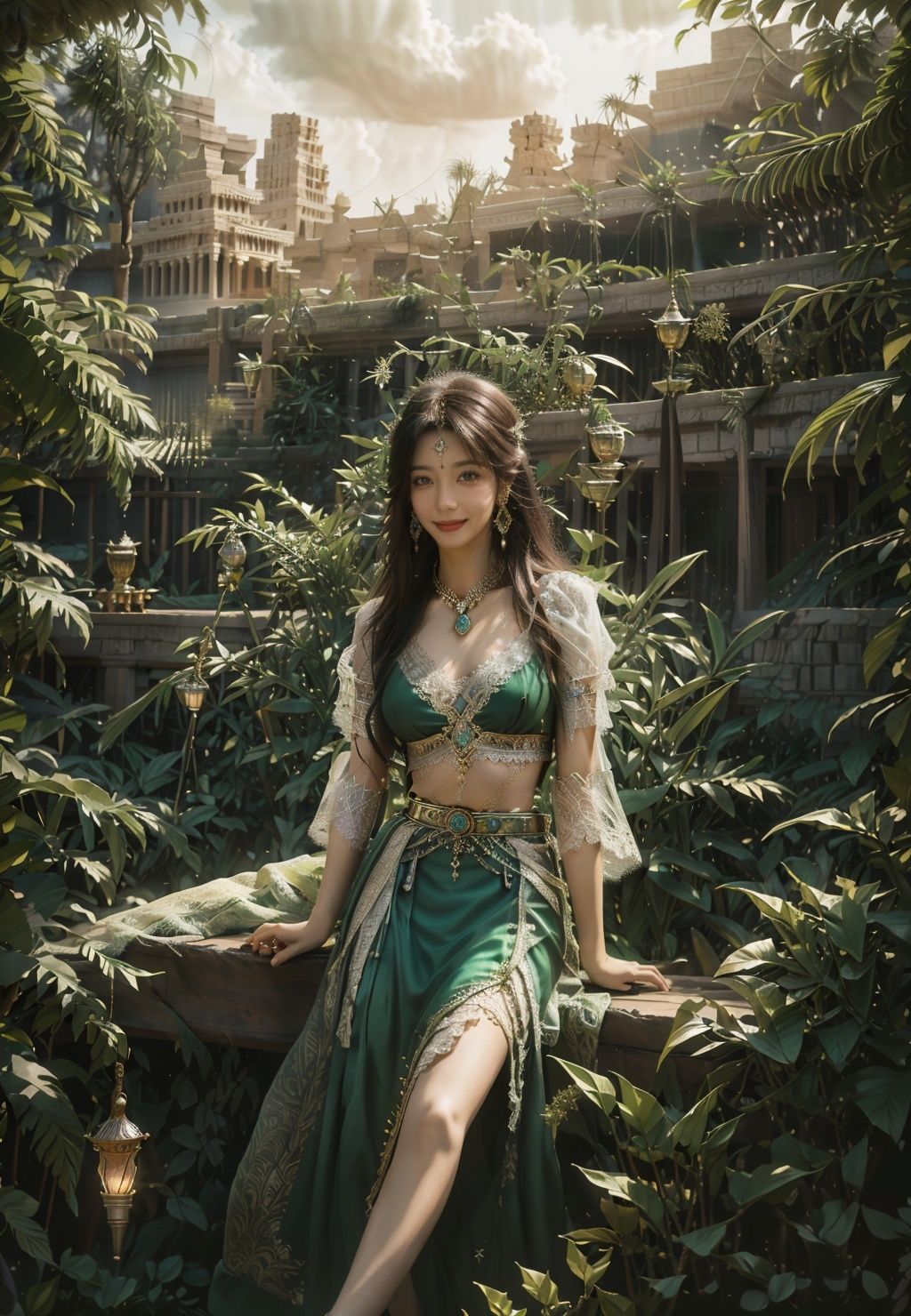 (1girl),green, (Ancient Babylon,Babylon,hanging garden of babylon),looking at viewer,jewelry, solo,long hair, earrings, looking at viewer, short sleeves, hair ornament, realistic,dress, lips, breasts, outdoors, ring,(bikini),( cloudy sky), ultra realistic 8k cg,8K, 32k,HD, DSLR,picture-perfect face,beautiful clothes,lacetrim,Long skirt hemline,lacetrim,lace-trimmed leg wear,emerald,intricate detail,delicate pattern,ultra realistic,(masterpiece, top quality),master piece,professional artwork,famous artwork,cinematic lighting, mystical atmosphere,(realistic,photorealistic:1.37) , available light, Cinematic Lighting, very delicate light ,grass,<lora:Ancient Babylon_GREEN:0.6> 