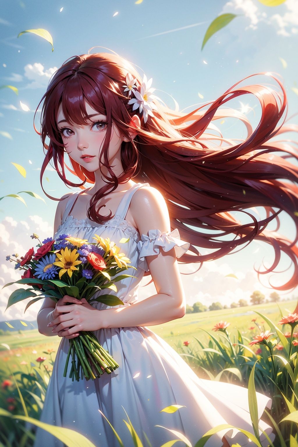 upper body, Create an image of an anime girl with bright red hair, wearing a sundress and holding a bouquet of wildflowers, standing in a field of tall grass with a soft breeze blowing through. The scene should capture the whimsical and carefree style of Sakimichan, with a sense of peace and tranquility in the air.