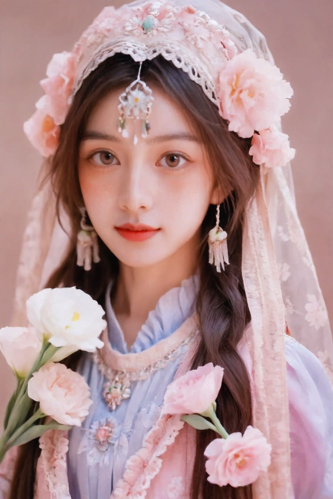 1girl, solo, long hair, looking at viewer, brown hair,brown eyes, upper body, flower, pink flower, realistic, zang clothes