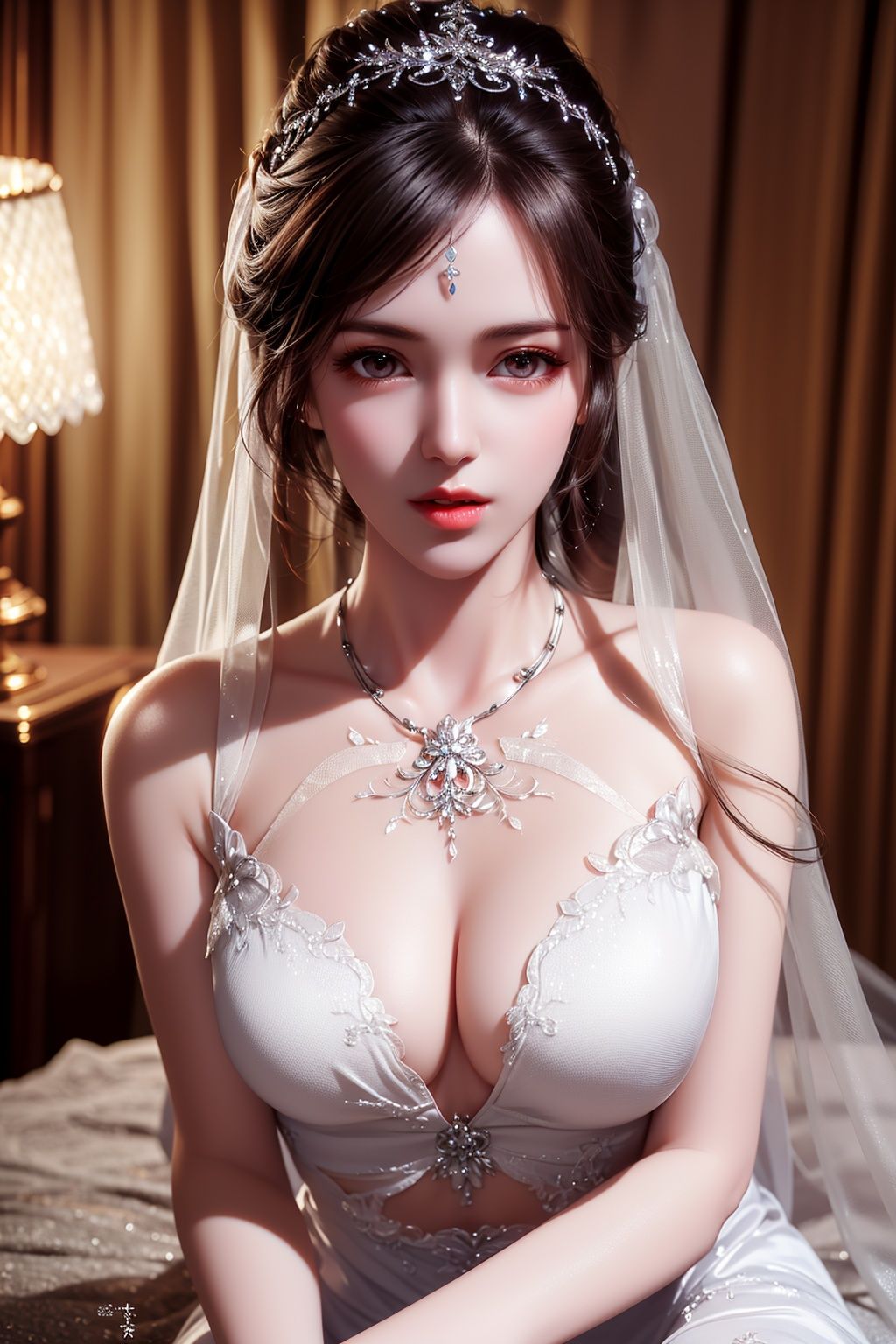 (best quality, masterpiece:1.2),masterpiece,(best quality),(Shining,amazing scene lighting),Look at the audience,(Masterpiece), Super Clear Wallpaper, Super Resolution, Super Fine Details, (((1Girl))),Illustration,soft light,(((face highlight))),(best quality, masterpiece:1.2), photorealistic, ultra high res, front lighting, intricate detail, Exquisite details and textures,((beautiful face)), extremely delicate facial,the creamy smooth skin,(best quality)，(extremely detailed cg 8k wallpaper), masterpiecel, an extremely delicate and beautiful, extremely detailed,intricate,photorealistic，hyper detailed,tender Shining,amazing scene lighting,Look at the audience,necklace,(masterpiece), (best quality), (ultra detailed),(highres), absurdres, ultra realistic 4k CG,masterpiece,best quality,highly detailed,volumetric lighting,original,, extremely detailed 8K wallpaper,Western Mystery,epic, surreal, (dynamic angles), ray tracing ,colorful, ((evil)),(extremely detailed CG uniform 8k wallpaper)000,1girl, solo, pale skin,White gauze skirt, sitting on bed, breasts, cleavage, ((white wedding dress, white bridal veil, )) full body, white lace trim,waist,naked leak waistseethrough_wedding_dress,(see-through:1.5),1girl,sexy,perfect female body,mature female,shiny skin,, belly button, cleavage,picture-perfect face,perfect face, beautiful face,(looking at viewer), glowing eyes,parted lips,smile(masterpiece), (best quality), (ultra detailed),(highres), absurdres, <lora:xiaowu:0.5><lora:SeethroughWeddingDress_v1:0.3><lora:lora-hanfugirl-v1-5:0.2><lora:badbronaughtyunderwear:0.2>