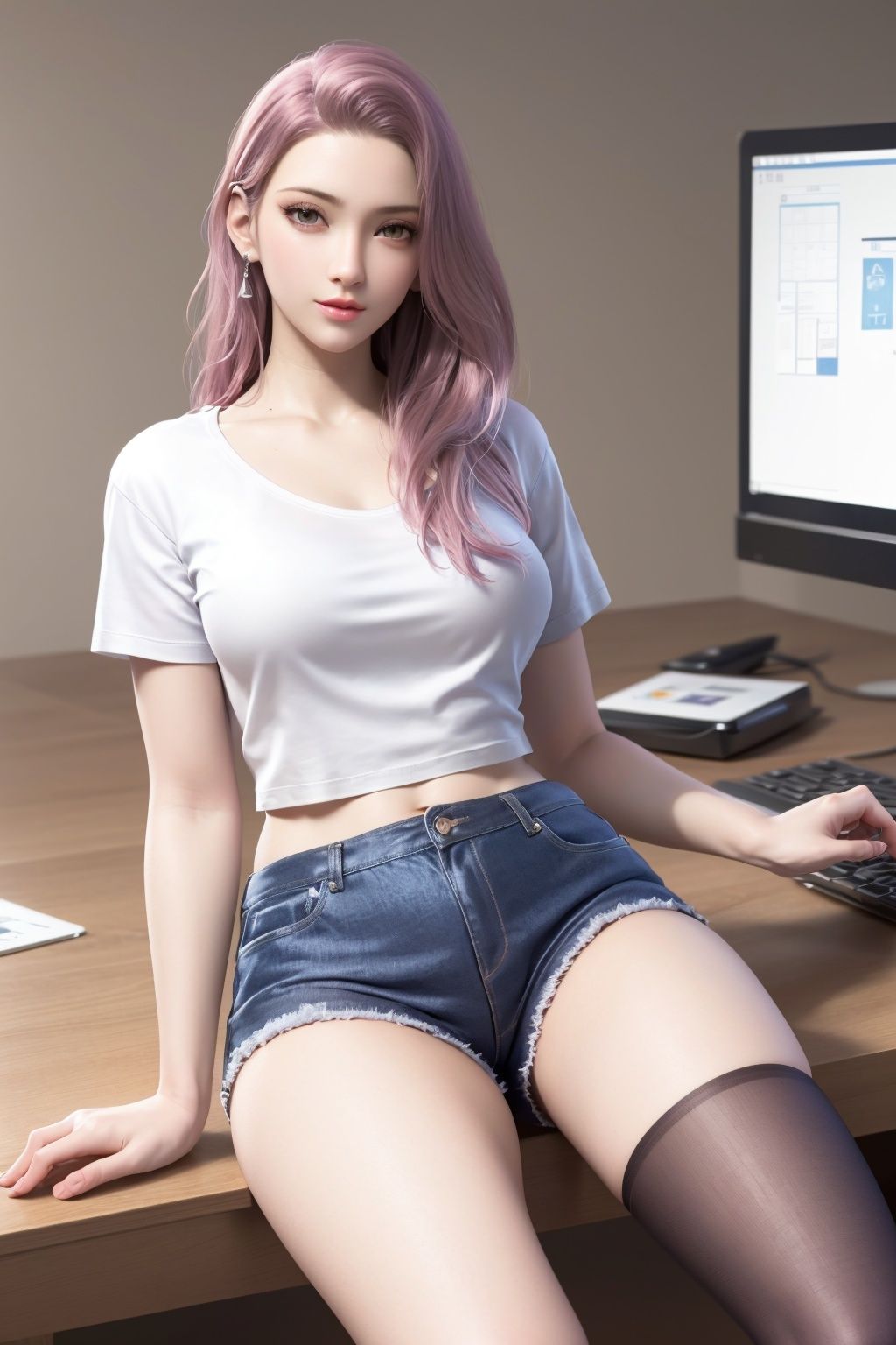 1girl, solo, masterpiece, E-sports table, Computer room, (best quality), official art, extremely detailed cg 8k wallpaper, (extremely delicate and beautiful), solo, realistic, photo_\(medium\), , hiqcgbody, <lora:hipoly3DModelLora_v10:0.3:NF>, <lora:youyou_v2:0.7>,white T-Shirt,short  jeans, bare thigh,