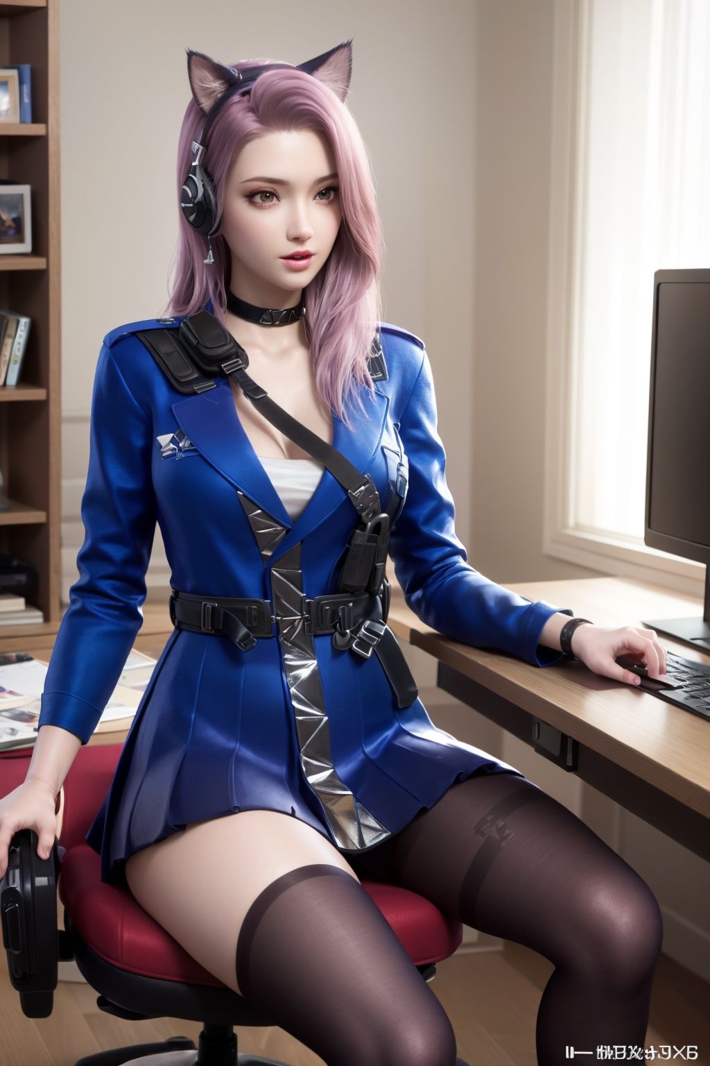 1girl, solo, blue blue jacket, blue skirt, black thighhighs, high heels, thigh strap, in door, game, computer, sitting, gaming chair, cat ear headphones, play game,fps game,masterpiece, E-sports table, Computer room, (best quality), official art, extremely detailed cg 8k wallpaper, (extremely delicate and beautiful), solo, realistic, photo_\(medium\), , hiqcgbody, <lora:hipoly3DModelLora_v10:0.3:NF>, <lora:youyou_v2:0.7>, 
