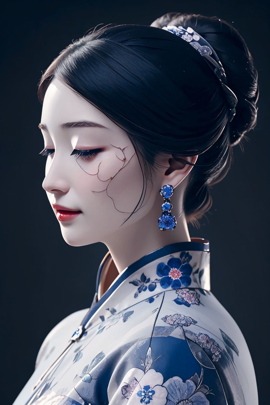 <lora:ciqiniren:0.85>,1girl, closed eyes, floral print, flower, jewelry, skin made of porcelain, solo, tattoo, updo, yanshangyue_ciqiniren,<lora:DecorationBundlev2:0.45:lbw=body>,SilverSapphireAI,