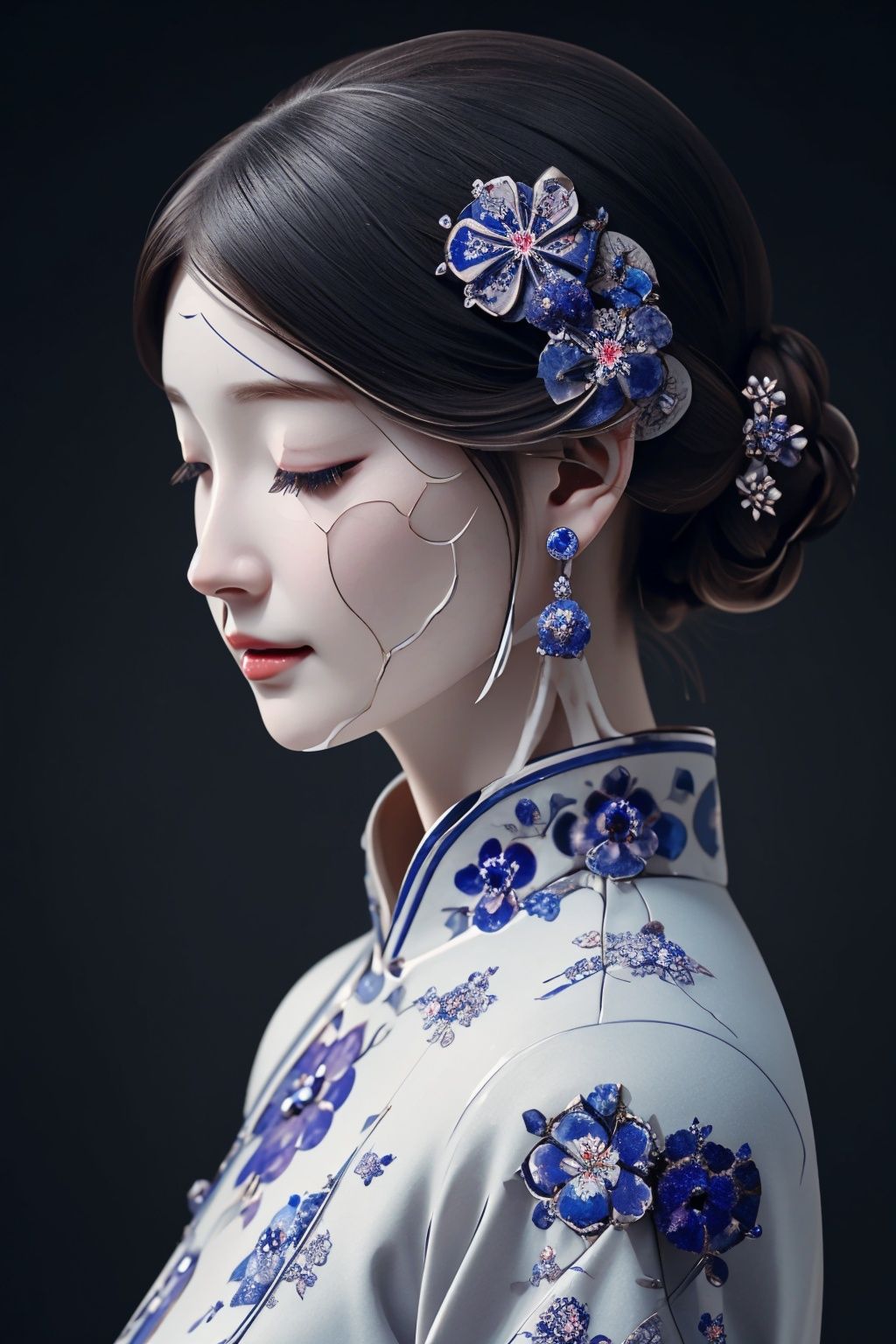 <lora:ciqiniren:0.85>,1girl,closed eyes,cyborg,flower,jewelry,simple background,skin made of porcelain,solo,yanshangyue_ciqiniren,<lora:DecorationBundlev2:0.45:lbw=body>,SilverSapphireAI,