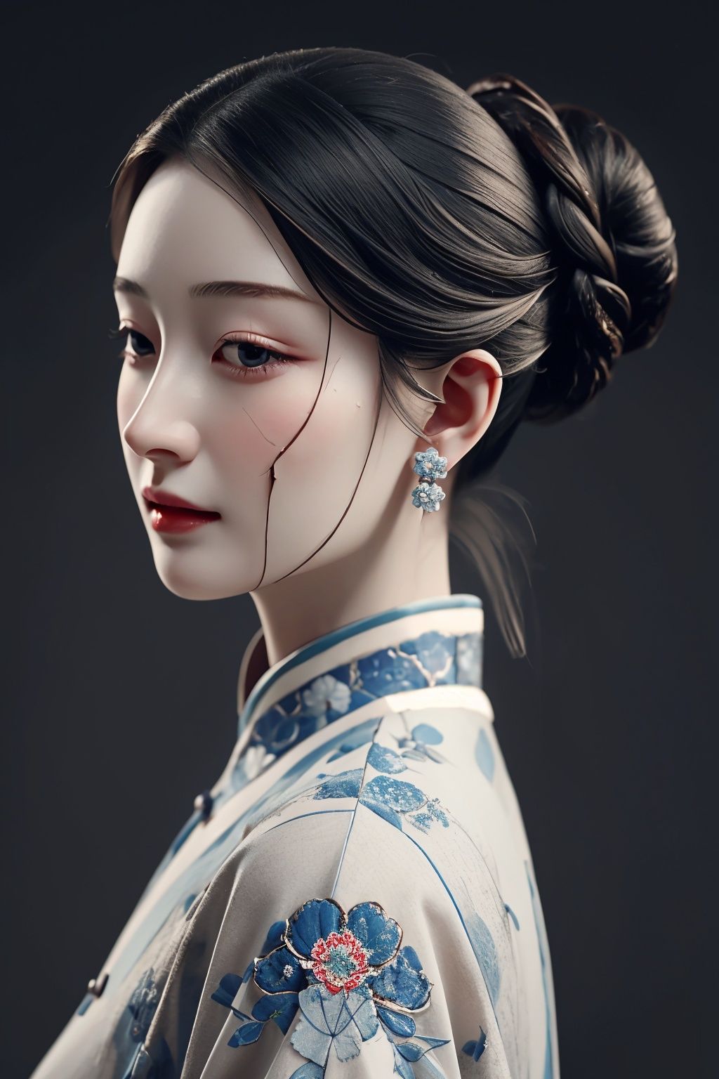 <lora:ciqiniren:0.75>,1girl,flower,hair pulled back,jewelry,skin made of porcelain,solo,yanshangyue_ciqiniren,simple background,