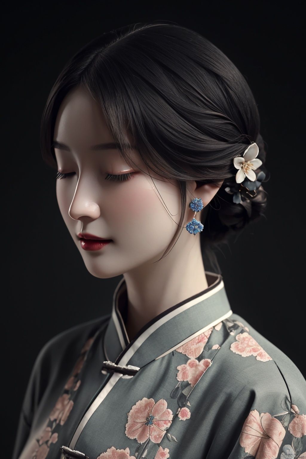 <lora:ciqiniren:0.75>,1girl,black background,floral print,flower,jewelry,simple background,skin made of porcelain,solo,yanshangyue_ciqiniren,closed eyes,