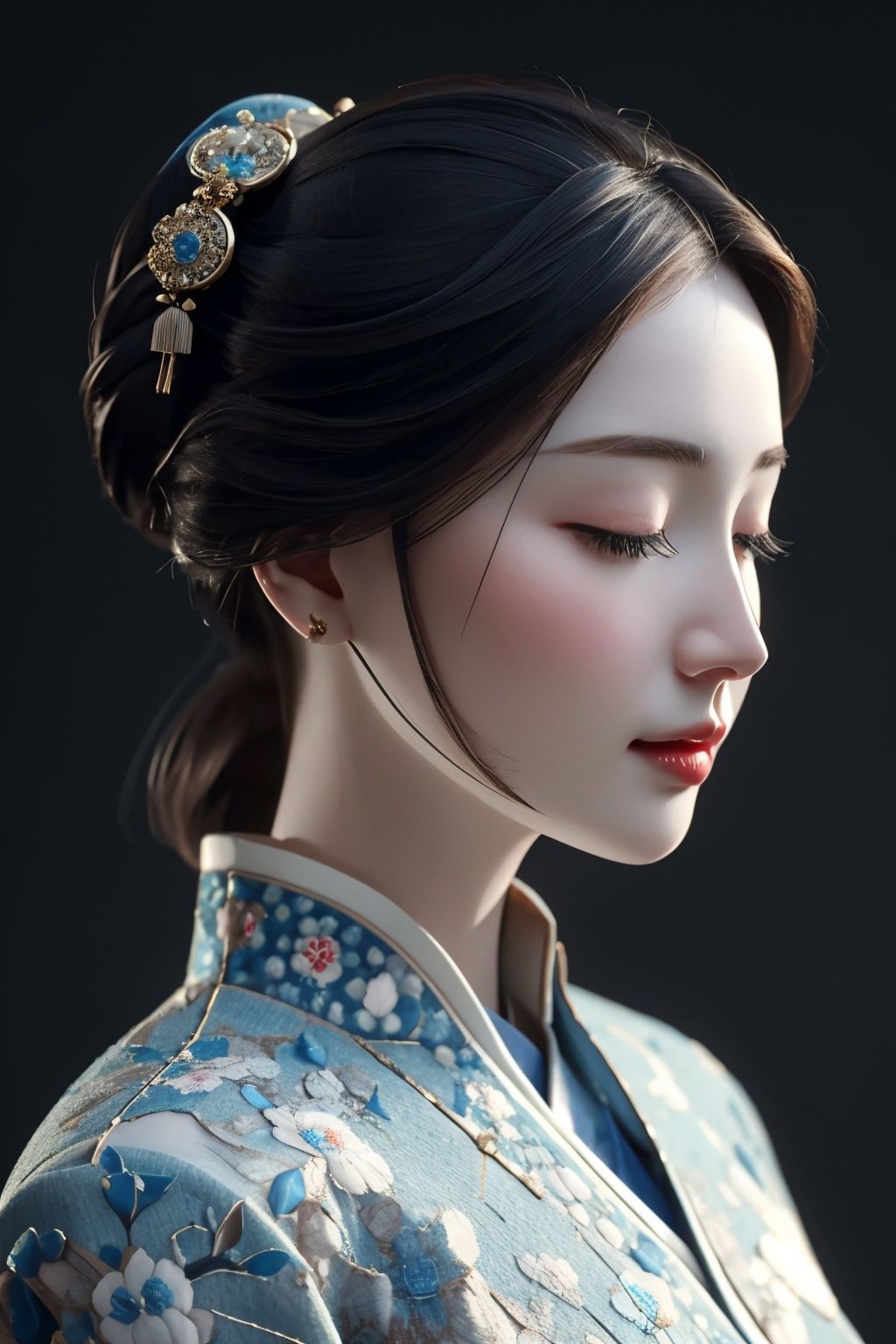 <lora:ciqiniren:0.75>,1girl,closed eyes,hair ornament,jewelry,skin made of porcelain,solo,yanshangyue_ciqiniren,, 1girl,solo,looking at viewer,Best quality,masterpiece,ultra high res,(photorealistic:1.4)