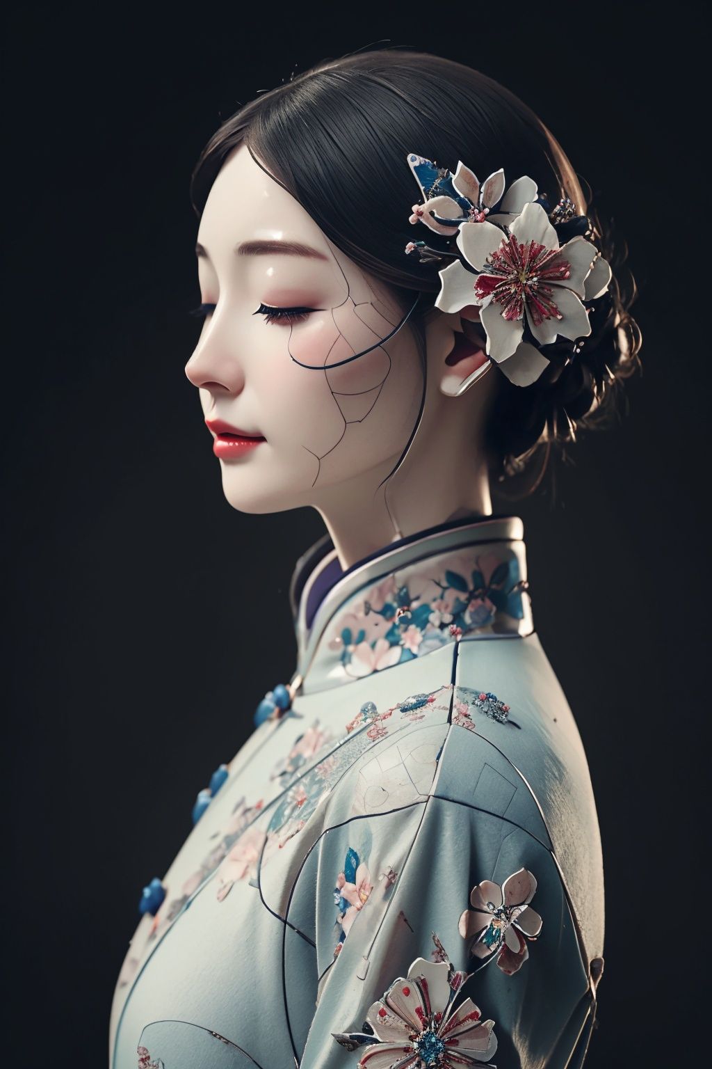 <lora:ciqiniren:0.85>,1girl,closed eyes,cyborg,flower,jewelry,simple background,skin made of porcelain,solo,yanshangyue_ciqiniren,